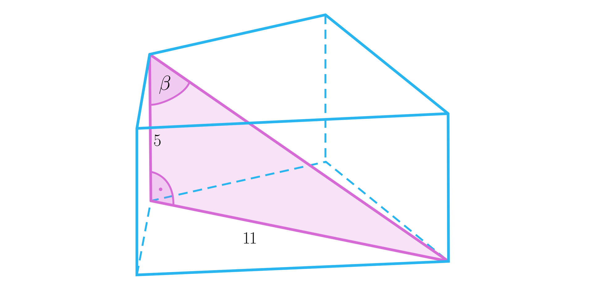 Rysunek przedstawia graniastosłup. Podstawą graniastosłupa jest deltoid. W graniastosłup wpisany jest trójkąt prostokątny. Przeciwprostokątna stanowi przekątną graniastosłupa. Jedna przyprostokątna stanowi krawędź boczną graniastosłupa i ma długość 5. Druga przyprostokątna stanowi przekątną deltoidu i ma długość 11. Kąt pomiędzy przeciwprostokątną a przyprostokątną, stanowiącą krawędź boczną graniastosłupa zaznaczono literą beta.