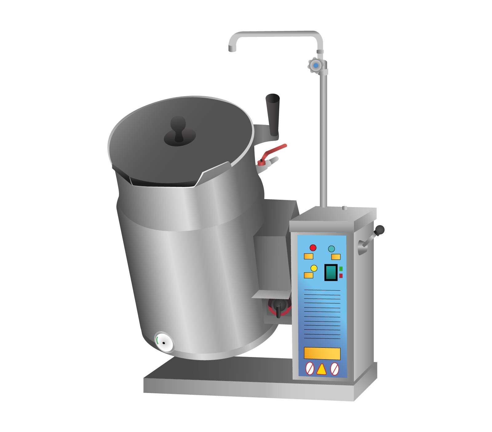 Grafika przedstawia kocioł warzelny przechylny. Widoczny jest walcowaty zbiornik kotła, wykonany ze stali, przechylony do przodu, z pokrywką, umocowany na ramieniu. Po lewej stronie prostopadłościenny panel sterowania. Na niebieskim tle widoczne są różne pokrętła i lampki. Całość ustawiona na prostokątnej podstawie.