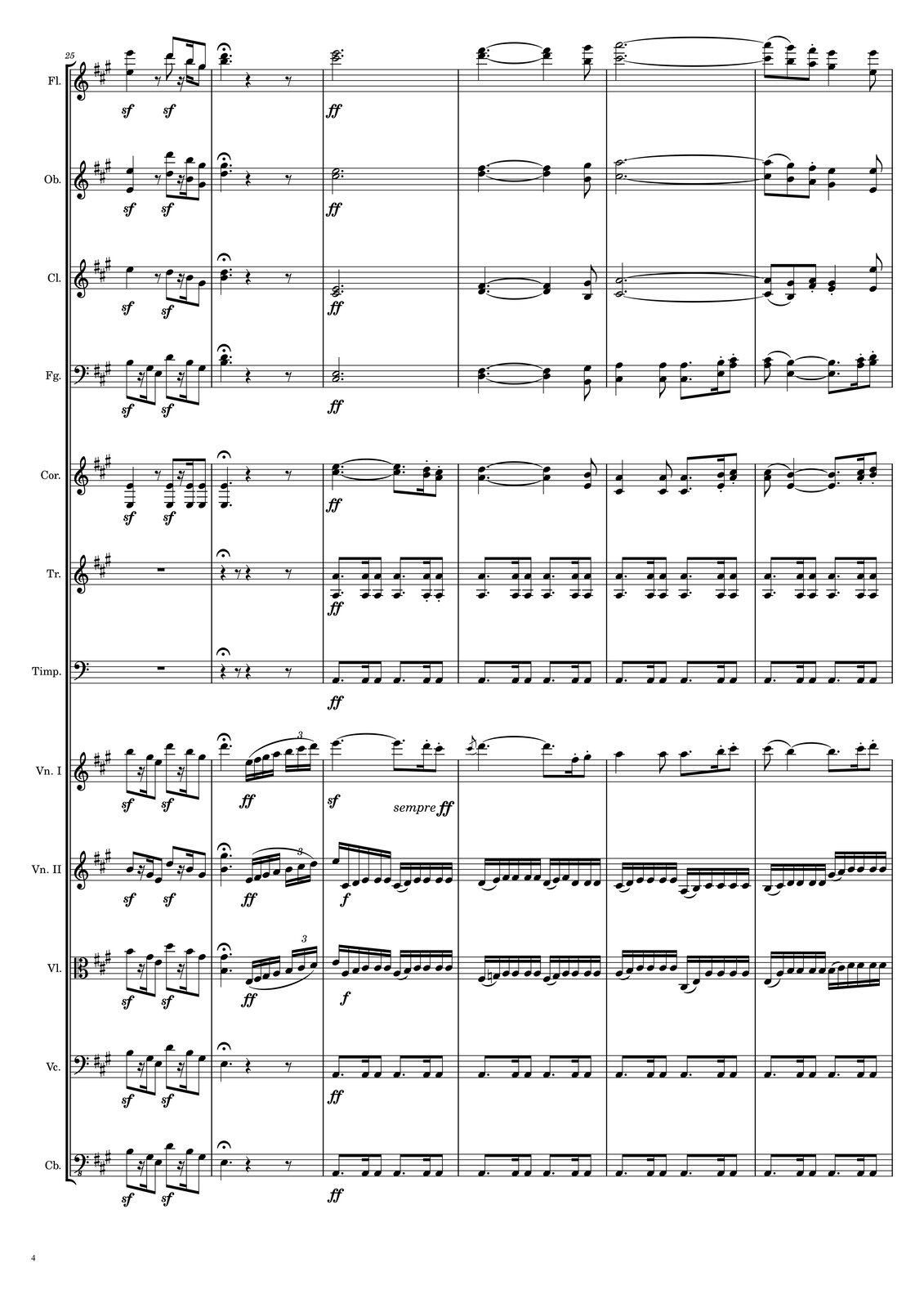 Ilustracja przedstawia czwartą część partytury Sonaty A‑dur nr 4 Op. 92: W partii fletów w dwudziestym piątym takcie na pierwszą miarę grana jest ćwierćnuta‑oktawa e ze sforzandem [czytaj: sforzandem], dalej pauza ósemkowa, a następnie ósemka d ze sforzandem [czytaj: sforzandem], pauza szesnastkowa, szesnastka h oraz ósemka gis. W takcie dwudziestym szóstym na pierwszą miarę grana jest ćwierćnuta z kropką h oraz d z fermatą, po której zapisano pauzę ćwierćnutową, a potem ósemkową. W dwudziestym siódmym takcie oba flety grają półnuty z kropką; jeden cis, a drugi e. Pod taktem zapisano dynamikę forte fortissimo. W dwudziestym ósmym takcie na pierwszą miarę grana jest ćwierćnuta z kropką d oraz fis, przedłużona o dodatkową ćwierćnutę; na miarę szóstą zapisano ósemkę h oraz gis. W takcie dwudziestym dziewiątym grana jest półnuta z kropką, złożona z dźwięków cis oraz a, przedłużona do kolejnego taktu. W trzydziestym takcie na pierwszą miarę zapisano ósemkę cis oraz a, przedłużoną z taktu poprzedniego, a dalej spiętą frazą z poprzednią ósemką ósemkę h oraz gis, następnie ósemkę a oraz fis z artykulacją staccato [czytaj: stakkato]. Na czwartą miarę zapisano ćwierćnutę gis oraz e, a na miarę szóstą ósemkę‑oktawę e. W partii obojów w dwudziestym piątym takcie na pierwszą miarę grana jest ćwierćnuta‑oktawa e ze sforzandem [czytaj: sforzandem], dalej pauza ósemkowa, a następnie ósemka‑oktawa d ze sforzandem [czytaj: sforzandem], pauza szesnastkowa, szesnastka‑oktawa h oraz ósemka‑oktawa gis. W takcie dwudziestym szóstym na pierwszą miarę grana jest ćwierćnuta z kropką d oraz gis z fermatą, po której zapisano pauzę ćwierćnutową, a potem ósemkową. W dwudziestym siódmym takcie oba oboje grają półnuty z kropką; jeden cis, a drugi e. Pod taktem zapisano dynamikę forte fortissimo. W dwudziestym ósmym takcie na pierwszą miarę grana jest ćwierćnuta z kropką d oraz fis, przedłużona o dodatkową ćwierćnutę; na miarę szóstą zapisano ósemkę h oraz gis. W takcie dwudziestym dziewiątym grana jest półnuta z kropką, złożona z dźwięków cis oraz a, przedłużona do kolejnego taktu. W trzydziestym takcie na pierwszą miarę zapisano ósemkę cis oraz a, przedłużoną z taktu poprzedniego, a dalej spiętą frazą z poprzednią ósemką ósemkę h oraz gis, następnie ósemkę a oraz fis z artykulacją staccato [czytaj: stakkato]. Na czwartą miarę zapisano ćwierćnutę gis oraz e, a na miarę szóstą ósemkę‑oktawę e. W partii klarnetów w dwudziestym piątym takcie na pierwszą miarę grana jest ćwierćnuta e ze sforzandem [czytaj: sforzandem], dalej pauza ósemkowa, a następnie ósemka d ze sforzandem [czytaj: sforzandem], pauza szesnastkowa, szesnastka h oraz ósemka gis. W takcie dwudziestym szóstym na pierwszą miarę grana jest ćwierćnuta z kropką h oraz d z fermatą, po której zapisano pauzę ćwierćnutową, a potem ósemkową. W dwudziestym siódmym takcie oba klarnety grają półnuty z kropką; jeden cis, a drugi e. Pod taktem zapisano dynamikę forte fortissimo. W dwudziestym ósmym takcie na pierwszą miarę grana jest ćwierćnuta z kropką d oraz fis, przedłużona o dodatkową ćwierćnutę; na miarę szóstą zapisano ósemkę h oraz gis. W takcie dwudziestym dziewiątym grana jest półnuta z kropką, złożona z dźwięków cis oraz a, przedłużona do kolejnego taktu. W trzydziestym takcie na pierwszą miarę zapisano ósemkę cis oraz a, przedłużoną z taktu poprzedniego, a dalej spiętą frazą z poprzednią ósemką ósemkę h oraz gis, następnie ósemkę fis oraz a z artykulacją staccato [czytaj: stakkato]. Na czwartą miarę zapisano ćwierćnutę e oraz gis, a na miarę szóstą ósemkę‑oktawę e. W partii fagotów w dwudziestym piątym takcie na pierwszą miarę zapisano ósemkę h ze sforzandem [czytaj: sforzandem], dalej pauzę szesnastkową, szesnastkę gis oraz ósemkę e, a na czwartą miarę ósemkę d ze sforzandem [czytaj: sforzandem], pauzę szesnastkową, szesnastkę h oraz ósemkę gis. W takcie dwudziestym szóstym na pierwszą miarę grana jest ćwierćnuta z kropką h oraz d z fermatą, po której zapisano pauzę ćwierćnutową, a potem ósemkową. W dwudziestym siódmym takcie oba fagoty grają półnuty z kropką; jeden cis, a drugi e. Pod taktem zapisano dynamikę forte fortissimo. W dwudziestym ósmym takcie na pierwszą miarę grana jest ćwierćnuta z kropką d oraz fis, przedłużona o dodatkową ćwierćnutę; na miarę szóstą zapisano ósemkę h oraz gis. W dwudziestym dziewiątym takcie na pierwszą miarę grana jest ćwierćnuta, złożona z dźwięków cis oraz a, następnie ósemka z tymi samymi nutami oraz ósemka z kropką, ponownie z cis oraz a; dalej zapisano szesnastkę e oraz h z artykulacją staccato [czytaj: stakkato], a następnie ósemkę składającą się z nut a oraz cis, ponownie z artykulacją staccato [czytaj: stakkato]. W trzydziestym takcie na pierwszą miarę grana jest ósemka, złożona z dźwięków a oraz cis, spięta frazą z ćwierćnutą e oraz h. Ćwierćnuta jest przedłużona o ósemkę z kropką, po której grana jest szesnastka a oraz cis z artykulacją staccato [czytaj: stakkato], a na koniec ósemka h i d z artykulacją staccato [czytaj: stakkato]. W partii waltorni w dwudziestym piątym takcie wszystkie dźwięki to oktawy e; na pierwszą miarę zapisano ćwierćnutę ze sforzandem [czytaj: sforzandem], dalej pauzę ósemkową, następnie ósemkę ze sforzandem [czytaj: sforzandem], pauzę szesnastkową oraz szesnastką i ósemkę. W takcie dwudziestym szóstym na pierwszą miarę grana jest ćwierćnuta z kropką‑oktawa e, a dalej pauza ćwierćnutowa oraz ósemkowa. W dwudziestym siódmym takcie na pierwszą miarę grana jest ćwierćnuta z kropką, składająca się z dźwięków cis oraz e, przedłużona o ósemkę z kropką, po której zapisano szesnastkę h oraz d z artykulacją staccato [czytaj: stakkato] oraz ósemkę a oraz cis, również z artykulacją staccato [czytaj: stakkato]. Pod taktem zapisano dynamikę forte fortissimo. W dwudziestym ósmym takcie na pierwszą miarę grana jest ćwierćnuta z kropką a oraz d, przedłużona o dodatkową ćwierćnutę; na miarę szóstą zapisano ósemkę e oraz h. W dwudziestym dziewiątym takcie na pierwszą miarę grana jest ćwierćnuta, złożona z dźwięków cis oraz a, następnie ósemka z tymi samymi nutami oraz ósemka z kropką, ponownie z cis oraz a; dalej zapisano szesnastkę e oraz h z artykulacją staccato [czytaj: stakkato], a następnie ósemkę składającą się z nut a oraz cis, ponownie z artykulacją staccato [czytaj: stakkato]. W trzydziestym takcie na pierwszą miarę grana jest ósemka, złożona z dźwięków a oraz cis, spięta frazą z ćwierćnutą e oraz h. Ćwierćnuta jest przedłużona o ósemkę z kropką, po której grana jest szesnastka a oraz cis z artykulacją staccato [czytaj: stakkato], a na koniec ósemka h i d z artykulacją staccato [czytaj: stakkato]. W partii trąbek w takcie dwudziestym piątym zapisano pauzę generalną, a w takcie dwudziestym szóstym pauzę ćwierćnutową z fermatą, pauzę ósemkową, a dalej pauzę ćwierćnutową i ósemkową. W takcie dwudziestym siódmym wprowadzony zostaje motyw, oparty na granej w oktawie nucie a; jest to ósemka z kropką, szesnastka i ponownie ósemka. Motyw powtarza się dwa razy na takt i jest powtarzany w taktach dalszych, od dwudziestego ósmego do trzydziestego. Pod taktem dwudziestym siódmym zapisano dodatkowo dynamikę forte fortissimo. W partii kotłów w takcie dwudziestym piątym zapisano pauzę generalną, a w takcie dwudziestym szóstym pauzę ćwierćnutową z fermatą, pauzę ósemkową, a dalej pauzę ćwierćnutową i ósemkową. W takcie dwudziestym siódmym wprowadzony zostaje motyw, oparty na nucie a; jest to ósemka z kropką, szesnastka i ponownie ósemka. Motyw powtarza się dwa razy na takt i jest powtarzany w taktach dalszych, od dwudziestego ósmego do trzydziestego. Pod taktem dwudziestym siódmym zapisano dodatkowo dynamikę forte fortissimo. W partii pierwszych skrzypiec w dwudziestym piątym takcie na pierwszą miarę zapisano ósemkę h ze sforzandem [czytaj: sforzandem], dalej pauzę szesnastkową, szesnastkę gis oraz ósemkę e, a na czwartą miarę ósemkę d ze sforzandem [czytaj: sforzandem], pauzę szesnastkową, szesnastkę h oraz ósemkę gis. W takcie dwudziestym szóstym na pierwszą miarę grana jest ćwierćnuta z kropką d z fermatą, a następnie dynamika zmienia się na forte fortissimo wraz z frazą na czwartą miarę; fraza składa się z czterech szesnastek: e, fis, gis oraz a, i trioli szesnastkowej: h, cis oraz d. W takcie dwudziestym siódmym na pierwszą miarę grana jest ćwierćnuta z kropką e ze sforzandem [czytaj: sforzandem], przedłużona o ósemkę z kropką, po której zapisano szesnastkę d z artykulacją staccato [czytaj: stakkato] oraz ósemkę cis z artykulacją staccato [czytaj: stakkato]; od czwartej miary zaznaczono dynamikę sempre forte fortissimo. W takcie dwudziestym ósmym na pierwszą miarę zapisano przednutkę cis, a następnie ćwierćnutę z kropką d, przedłużoną o ósemkę z kropką; po nich grana jest szesnastka fis z artykulacją staccato [czytaj: stakkato], a następnie ósemka gis. W dwudziestym dziewiątym takcie na pierwszą miarę grana jest ćwierćnuta a, następnie ósemka a oraz ósemka z kropką a, a dalej szesnastka h z artykulacją staccato [czytaj: stakkato] oraz ósemka cis z artykulacją staccato [czytaj: stakkato].