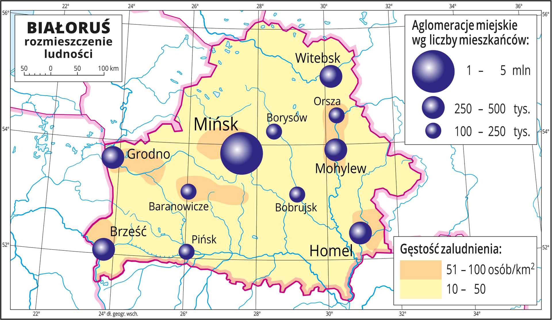 Ilustracja przedstawia mapę Białorusi. Na mapie przedstawiono rozmieszczenie ludności. Tło w kolorze żółtym oznacza gęstość zaludnienia od dziesięciu do pięćdziesięciu osób na jeden kilometr kwadratowy. W pobliżu miast pomarańczowe plamy oznaczające obszary o gęstości zaludnienia od pięćdziesięciu jeden do stu osób na jeden kilometr kwadratowy. Na mapie różnej wielkości sygnatury (koła) obrazujące aglomeracje miejskie wg liczby mieszkańców: Mińsk – od jednego miliona do pięciu milionów mieszkańców. Homel, Mohylew, Witebsk, Brześć, Grodno od dwustu pięćdziesięciu do pięciuset tysięcy mieszkańców. Kilka mniejszych sygnatur poniżej dwustu pięćdziesięciu tysięcy mieszkańców. Mapa zawiera południki i równoleżniki, dookoła mapy w białej ramce opisano współrzędne geograficzne co dwa stopnie.