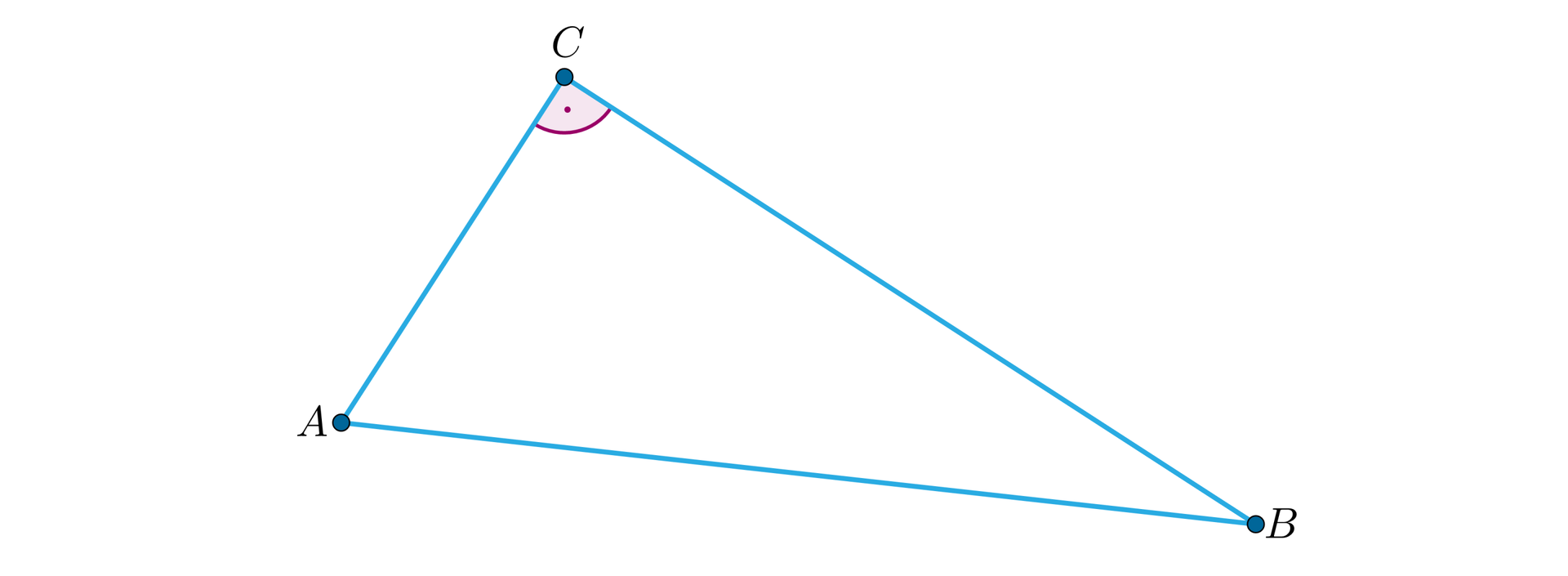 Ilustracja przedstawia trójkąt ABC. Przy wierzchołku C znajduję się kąt prosty. 