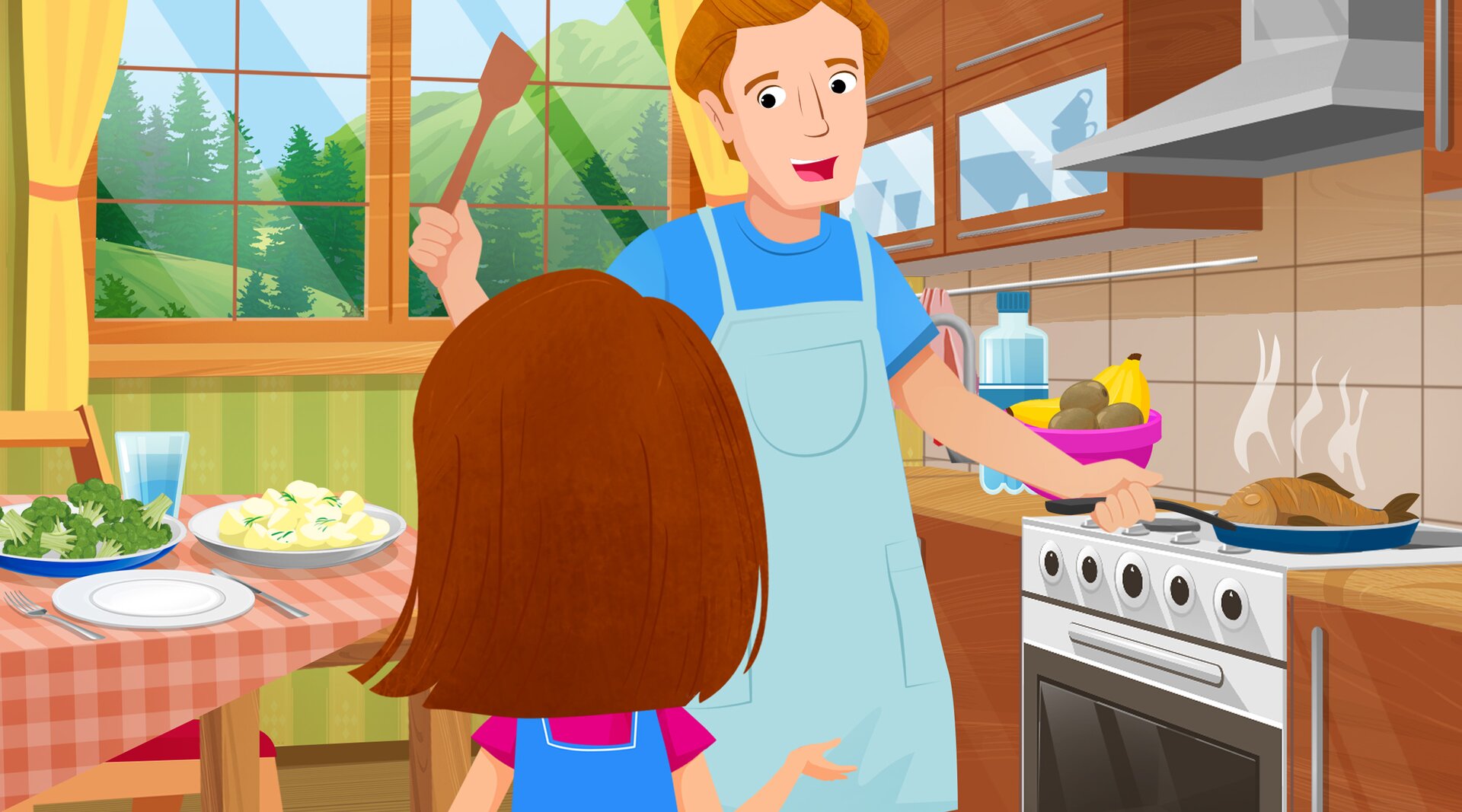 Grafika przedstawia ojca i córkę w kuchni. Ojciec stoi przy kuchence, ubrany jest w niebieski fartuszek, w ręce trzyma drewnianą łopatkę.