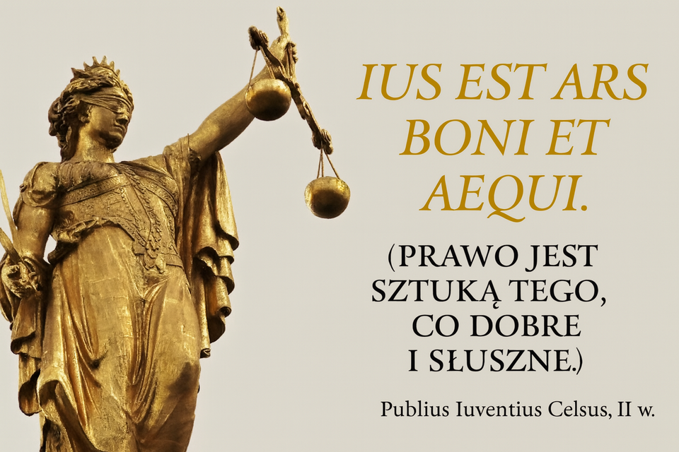 Ilustracja przedstawia pomnik stojącej kobiety. Rzeźba ma złoty kolor; ukazana jest na jasnym tle. Kobieta ubrana jest w luźną szatę; ma długie włosy, oczy przewiązane kawałkiem tkaniny. W wyciągniętej lewej ręce trzyma wagę szalkową. Na prawo od postaci znajduje się następująca treść: Ius est ars boni et aequi. Prawo jest sztuką tego, co dobre i słuszne. Publius Iuventius Celsus, II w. 