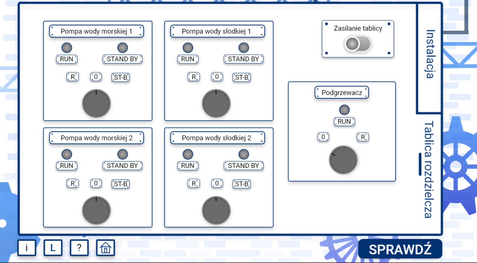 Grafika przedstawia przykładowy ekran karty „tablica rozdzielcza” z symulatora. Widoczne są na niej panele z pokrętłami uruchamiającymi pompy oraz podgrzewacz. Po prawej stronie widać tytuł karty, powyżej znajduje się druga karta zatytułowana tablica rozdzielcza. Pod instalacją widnieje kilka przycisków. Są to instrukcja, legenda, polecenie i powrót do ekranu startowego.