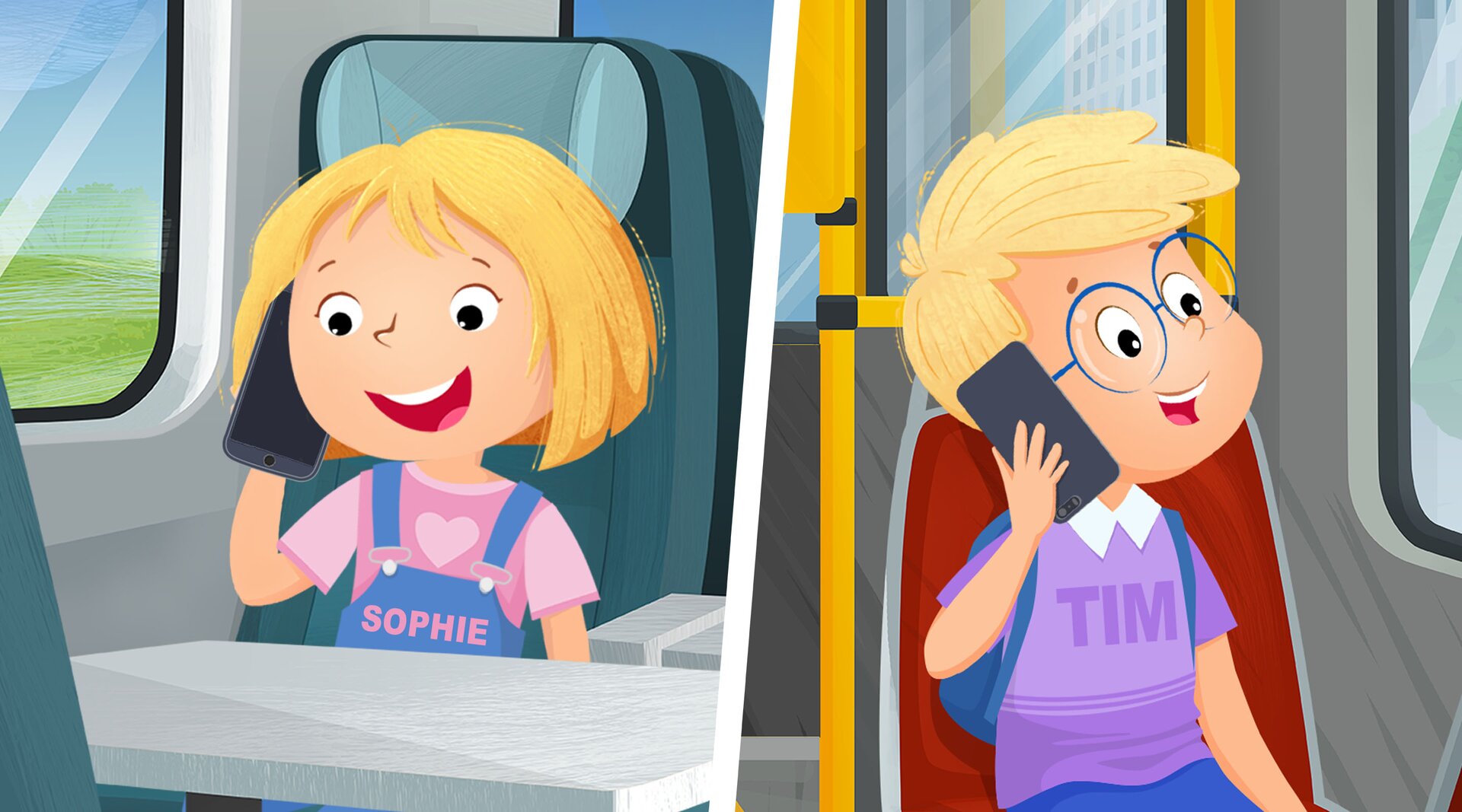 Ilustracja przedstawia chłopca i dziewczynkę podczas rozmowy telefonicznej.