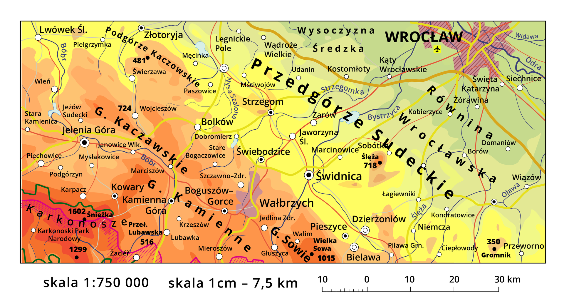 Ilustracja przedstawia mapę fizyczną fragmentu Niziny Śląskiej i Sudetów. Na mapie zaznaczono wysokość terenu kolorami od ciemnozielonego do czerwonego, większe i mniejsze miasta oraz akweny. Pod mapą skala liczbowa 1:750 000, obok skala 1 centymetr myślnik 7,5 kilometra, obok skala liniowa, w której jedna jednostka odpowiada dziesięciu kilometrom.