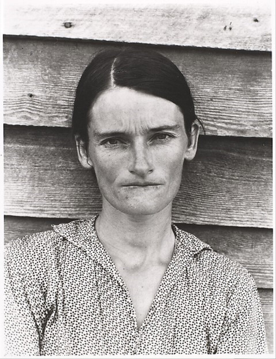 Ilustracja przedstawia fotografię Sherrie Levine pt. „After Walker Evans: 4”. Ukazuje ona kobietę o ciemnych włosach, związanych w kitkę, ubrana jest w kropkowaną koszulę. Kobieta patrzy na widza, ma smutne oczy, smutny wyraz twarzy, zaciśnięte usta. Opiera się o drewnianą budowlę (w tle widoczne poprzecznie ułożone deskowanie).