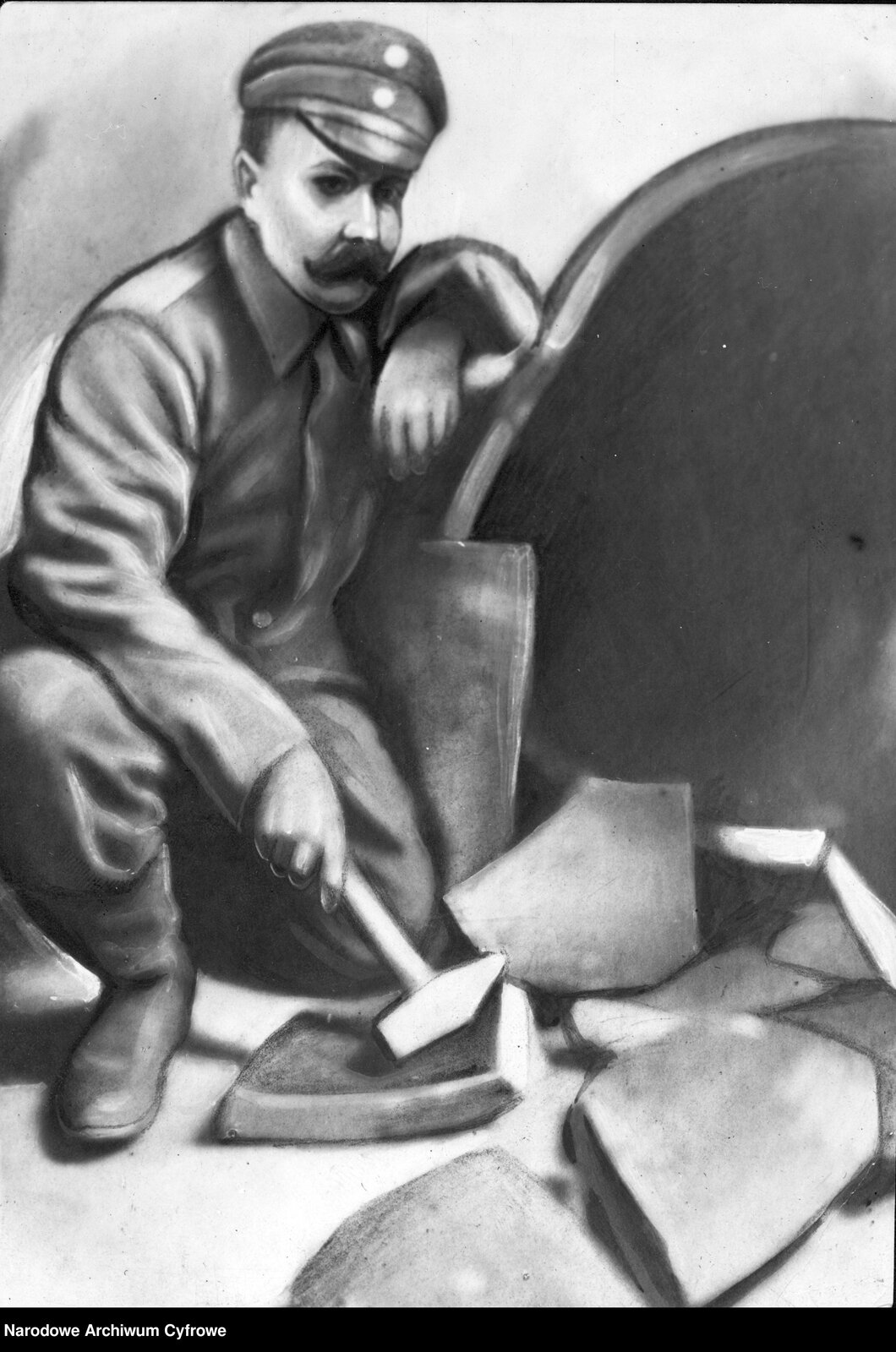 Ilustracja przedstawia żołnierza, która rozbija młotem dzwon.