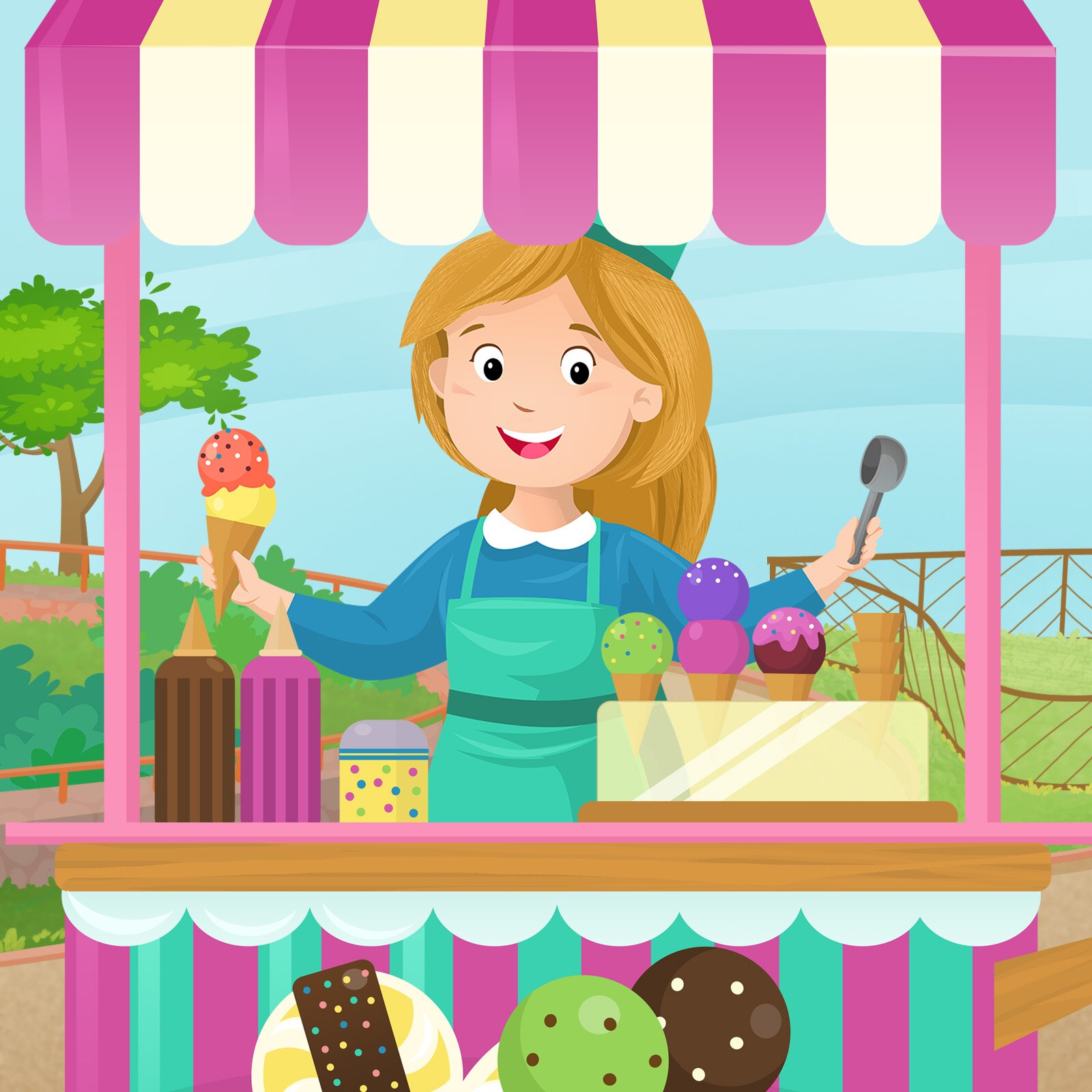 Ilustracja przedstawia sprzedawczynię lodów.