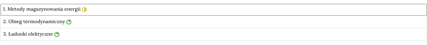 Przykładowy wygląd zakładek zawierających interaktywne materiały sprawdzające. Na zdjęciu jest to rząd umieszczonych pod sobą ćwiczeń wraz z ich tytułami. Każde ćwiczenie, po prawej stronie belek z ćwiczeniami, posiada znaczek określający poziom trudności. Pierwsze ćwiczenie oznaczone jest symbolem zielonym. Zielony sześciokąt oznacza poziom łatwy zadania. Pozostałe dwa ćwiczenia oznaczone są symbolem żółtym, czyli zadanie posiada średni stopień trudności.