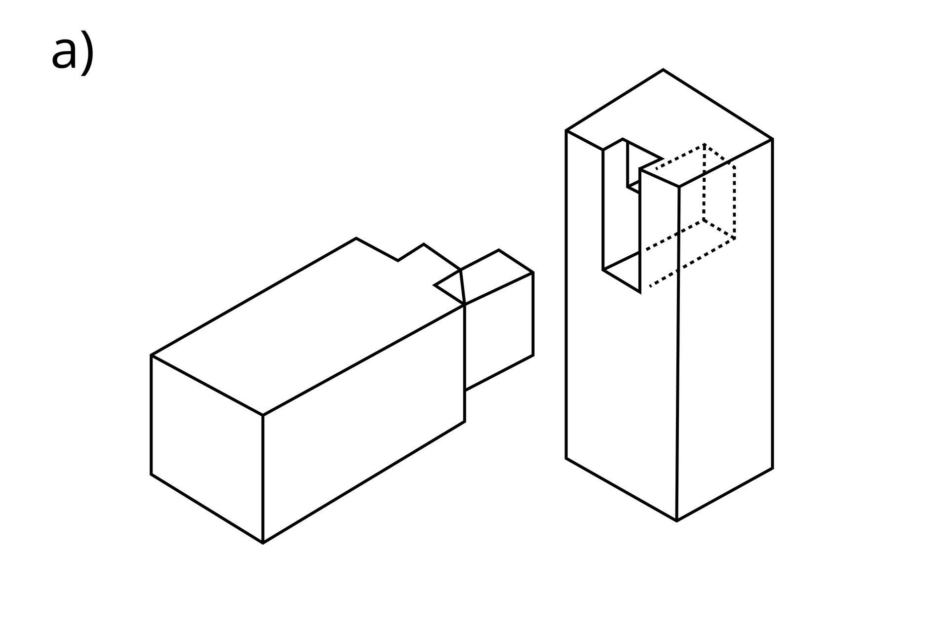 Grafika ukazuje złącze czopowe odsadzone. Elementy łączą się pod kątem prostym. W jednym wycięty jest czop o kształcie ściętym pod kątem, przez co od połowy czop ma mniejszy przekrój niż przy czole elementu.