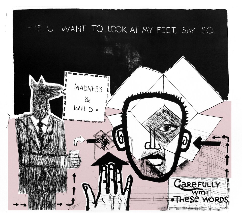 ilustracja abstrakcyjna z elementami figuralnymi i fragmentami anatomicznymi ludzkiego ciała. Po lewej stronie stoi postać z głową zwierzęcia, trzymająca w ręku naczynie. Ubrana jest w garnitur, białą koszulę i krawat. Pośrodku, u dołu znajduje się fragment dłoni położony na strzałce. Po prawej stronie znajduje się owal, przypominający twarz z jednym okiem. Na ilustracji zamieszczono wiele strzałek i haseł. Dolna część jest fioletowa, górna czarna. Pomiędzy nimi znajduje się zniekształcony, biały schemat pudełka.