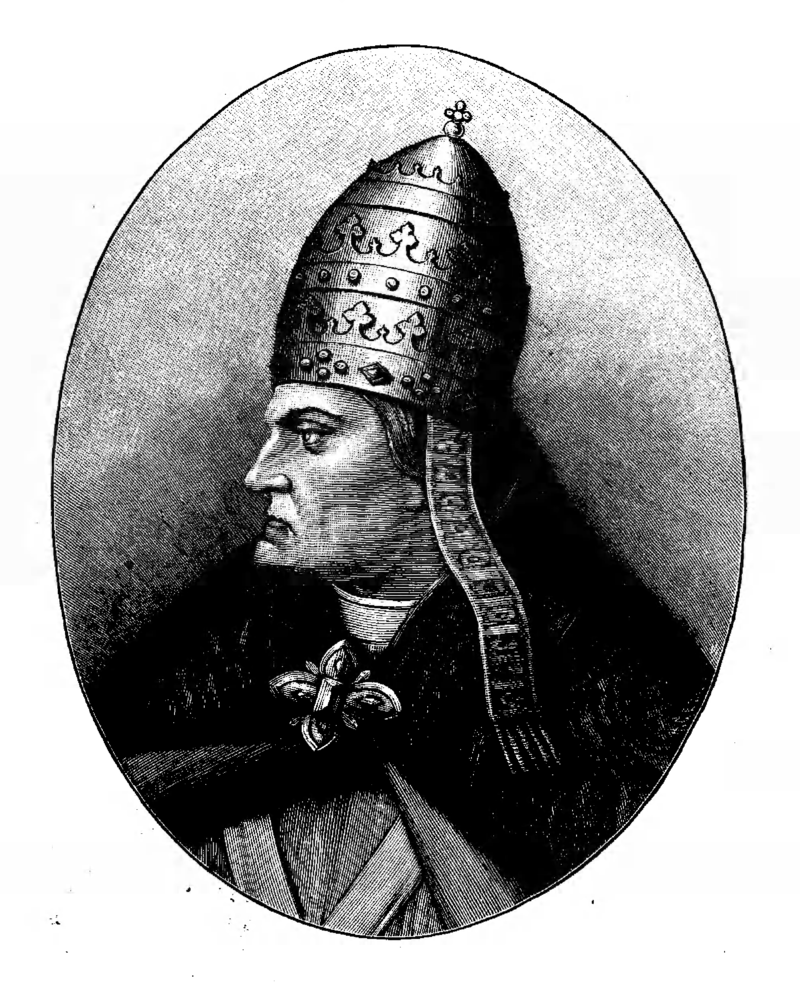 Grafika przedstawia portret z lewym profilem papieża. Ujęcie uwydatnia złowrogą twarz papieża Grzegorza VII. Mężczyzna odziany jest w płaszcz spięty klamrą pod szyją. Na głowie ma mitrę.