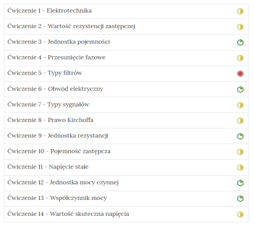 Przykładowy wygląd zakładek zawierających interaktywne materiały sprawdzające. 14 zadań w formie listy, w której można kliknąć na wybrany element.