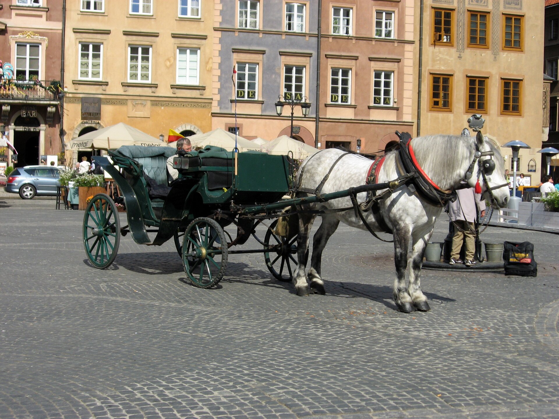 Zdjęcie przedstawia stojącą na rynku dorożkę zaprzęgniętą w jednego konia. Dorożka to lekki, odkryty pojazd czterokołowy. 
Szczegółowy opis uzupełniający zdjęcie znajduje się w treści definicji.