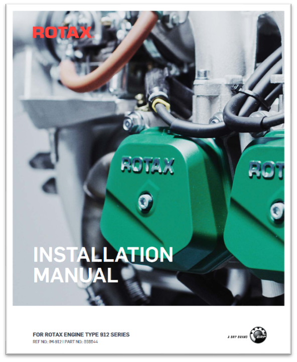 Ilustracja przedstawia stronę tytułową instrukcji zabudowy silnika Rotax 912 na której umieszczona jest grafika silnika, logo firmy Rotax oraz nazwa dokumentu, poniżej znajdują się dane i numery dokumentacji 