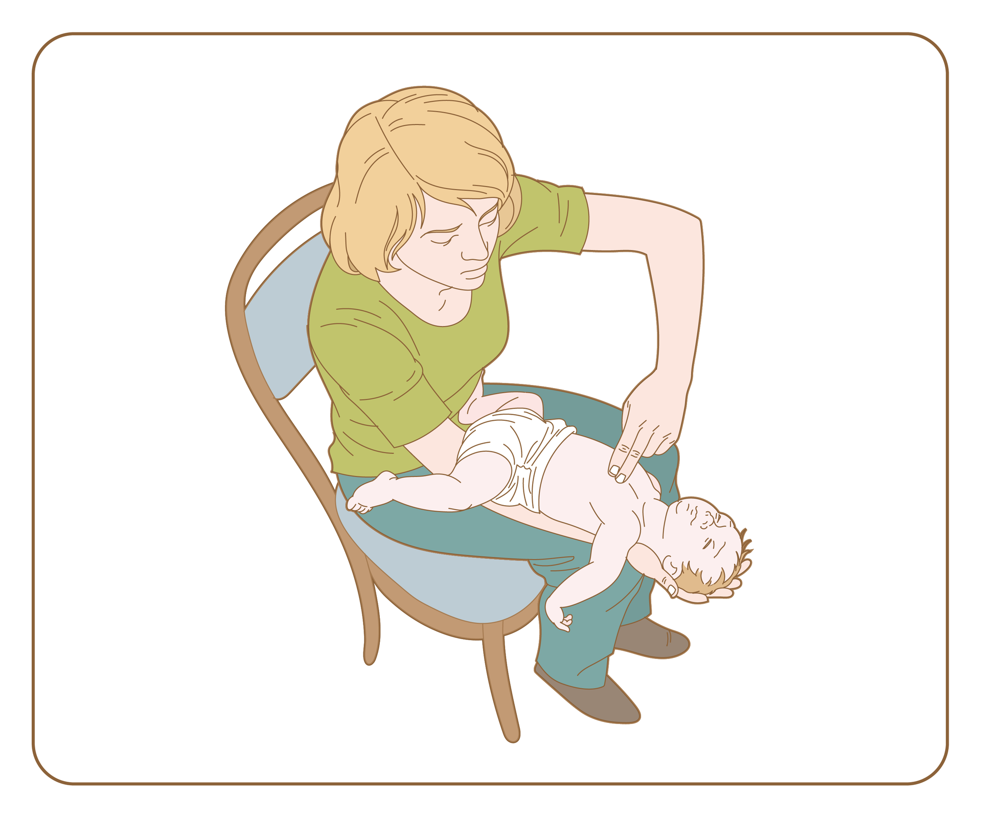 Kliknij żeby powiększyć Ilustracja przedstawia kobietę siedzącą na krześle. Widok z góry. Nogi razem. Na prawej nodze kobieta ułożyła prawe przedramię. Na przedramieniu leży niemowlę głową skierowane w dół. Niemowlę leży na plecach. Głowa niemowlęcia wystaje poza kolano kobiety. Kobieta przytrzymuje głowę niemowlaka w swojej dłoni. Lewą rękę kobieta unosi tak aby dwoma palcami dotknąć i uciskać klatkę piersiową dziecka.