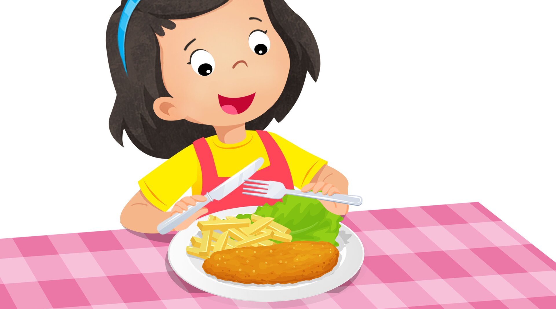 Na ilustracji znajduje się dziewczynka, która je obiad