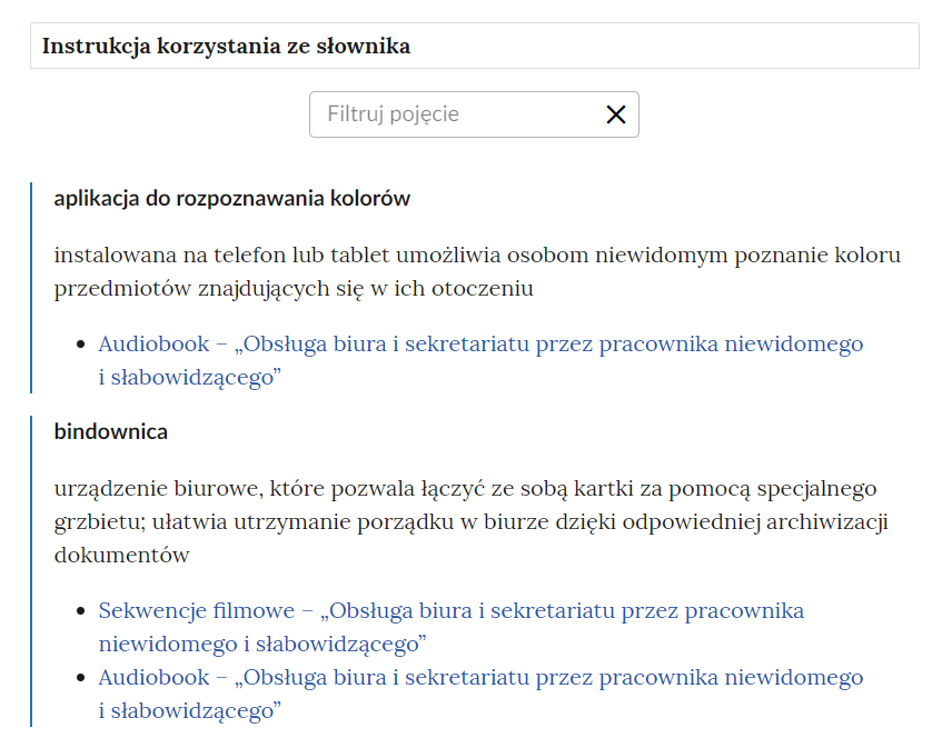 Widok na fragment słownika, na górze znajduje się rozwijana instrukcja korzystania, pod spodem dwa pierwsze pojęcia: aplikacja do rozpoznawania kolorów oraz bindownica.