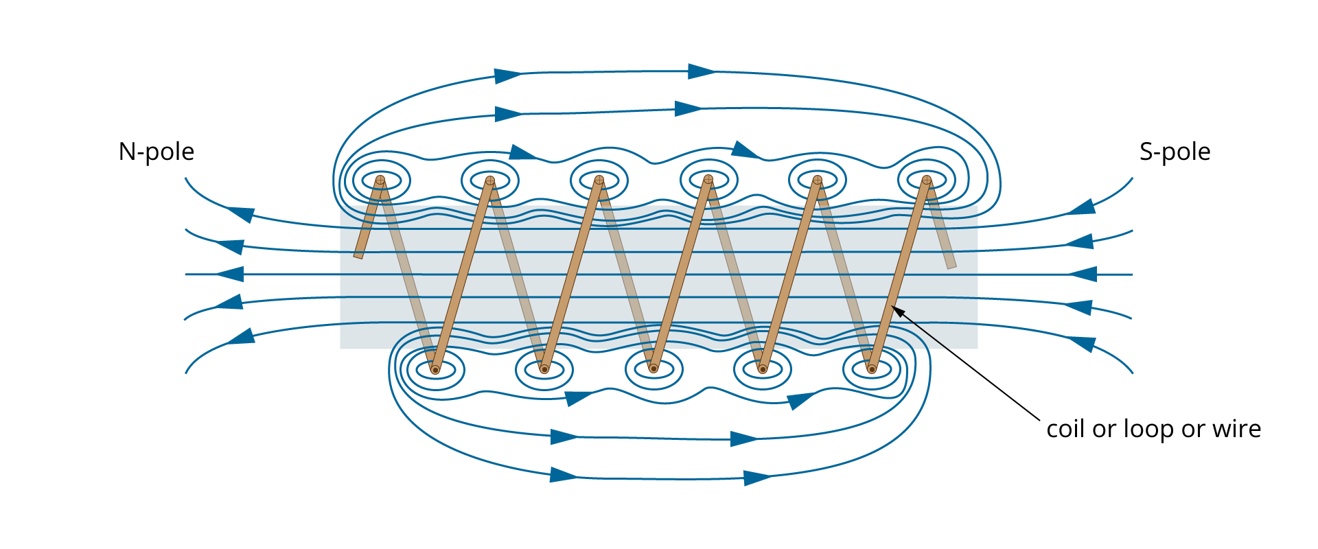 Na rysunku przedstawiony prosty elektromagnes. Widoczny jest schematycznie przedstawiony rdzeń żelazny jako szary prostokąt, a na nim zwoje drutu w postaci zygzakowatej linii opisanej coil or loop or wire. Rysunek dopełniają linie sił pola magnetycznego przechodzące jako prawie równoległe linie przez rdzeń, a na jego krawędziach jako elipsy. Przebieg linii zaznaczony jest strzałkami wzkazującymi kierunek od bieguna północnego S-pole do południowego elektromagnesu N-pole.