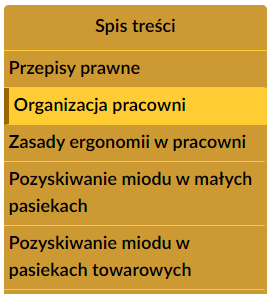 Przykładowy interaktywny spis treści umożliwiający nawigowanie w ramach infografiki. To żółty pasem z napisem na górze: Spis treści. Pod nim na osobnych paskach znajdują się nastepujące napisy: Przepisy prawne. Organizacja pracowni. Zasady ergonomii w pracowni. Pozyskiwanie miodu w małych pasiekach. Pozyskiwanie miodu w pasiekach towarowych.