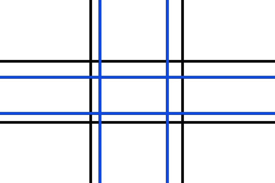 Rysunek przedstawia linie złotego podziału, które od starożytności używali artyści oraz podobnie ustawione linie trójpodziału, ilustrujące zasadę dobrej kompozycji w fotografii. Są to dwie linie równoległe przecinające się pod kątem prostym z dwiema innymi liniami. W punktach przecięcia powinny się znaleźć ważne elementy kompozycji.