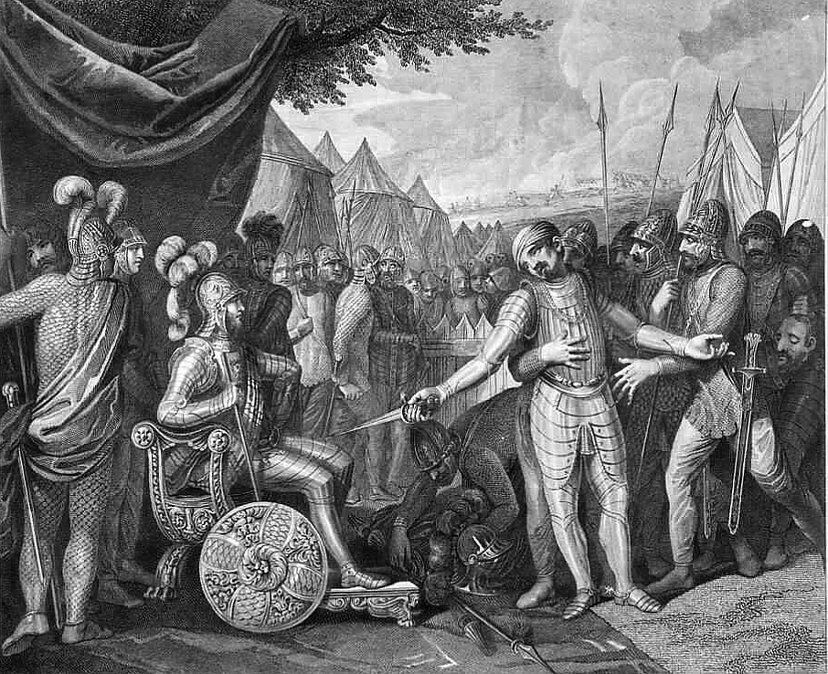 Ilustracja przedstawia rycerza w pełnej, stalowej zbroi z hełmem, siedzącego na tronie. W ręku trzyma kopię, obok tronu stoi tarcza. Za ryceerzem stoją inni, jemu podobni. W pełnych zbrojach, z kolczugami, hełmami. Niektórzy na hełmach mają osadzone długie, gęsie pióra. Jeden z rycerzy, stojący tyłem za władcą, przepasaną ma zbroję suknem suto drapowanym. Przed władcą stoi rycerz, w wyciągniętej prawej dłoni trzyma krótki, cienki sztylet. Ubrany jest w stalową zbroję, ale na głowie nie ma hełmu, tylko turban. Mężczyznę eskortują i pilnują żołnierze stojący za nim. Mają zbroje, hełmy, przy pasie ciężkie miecze, w rękach włócznie i dzidy. Z tyłu widać duże namioty, rozstawione jeden przy drugim.