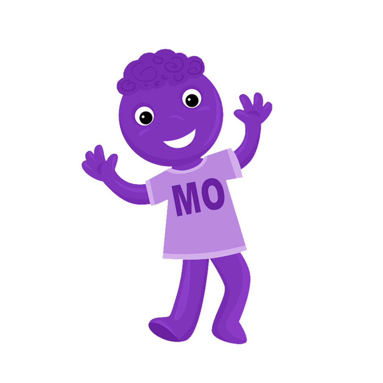 Ilustracja przedstawia fioletowego ludzika w koszulce z napisem: Mo.