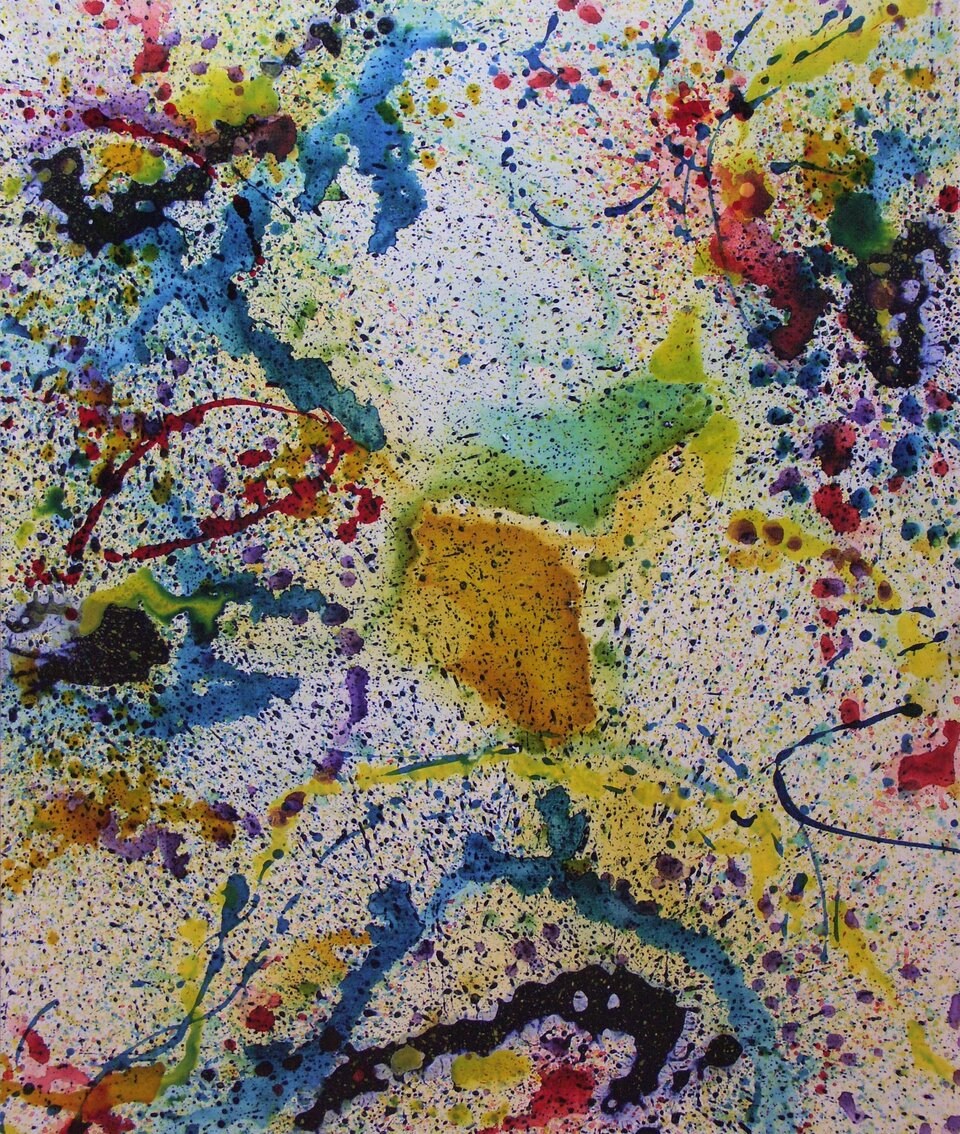 Dzieło ukazuje dynamiczną kompozycję abstrakcyjną. Na białym tle płótna, w centrum znajduje się żółto‑pomarańczowa plama, wokół której układają się w łuki i punkty, różnokolorowe ślady chlapnięć pędzla. Dominującymi barwami są żółć i niebieski. Oprócz nich artysta użył czerwieni, fioletów i zieleni. Dzieło namalowane jest techniką akrylu.