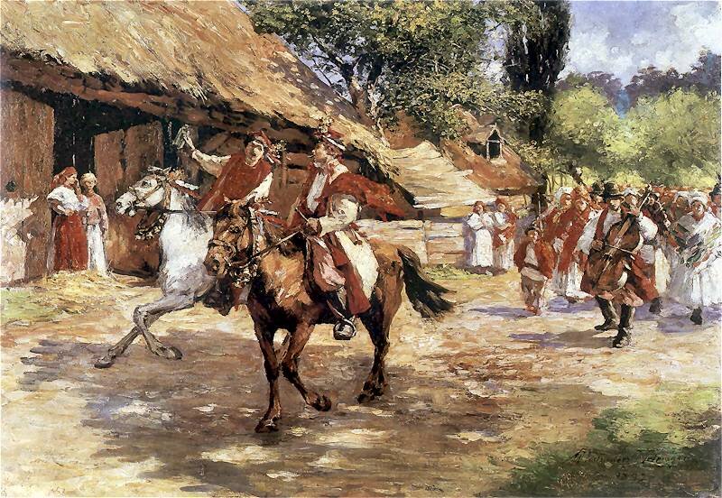 Na obrazie przedstawiony jest barwny orszak weselny w wiejskim otoczeniu. Na pierwszym planie widoczni są dwaj mężczyźni jadący konno ubrani w odświętne stroje ludowe – jeden na białym, drugi na brązowym koniu. Mężczyźni mają na głowach tradycyjne czapki z piórami i wyglądają na uczestników lub przewodników uroczystości. Obok nich, po lewej stronie, stoją dwie kobiety w ludowych strojach, przyglądające się scenie sprzed drewnianej, krytej strzechą chaty. W tle, po prawej stronie obrazu, widać dużą grupę ludzi ubranych w białe i czerwono‑brązowe stroje ludowe – to uczestnicy orszaku weselnego, którzy idą pieszo w kierunku widza. Tło stanowi wieś z tradycyjną zabudową i zielonymi drzewami, a cała scena odbywa się w pogodny dzień.