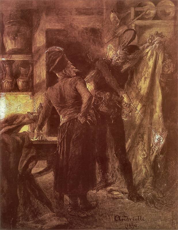 Ilustracja przedstawia wnętrze karczmy. Po lewej stronie stoi dojrzały mężczyzna. Postać ukazuje prawy profil. Mężczyzna ma krzaczaste brwi, głęboko osadzone oczy, haczykowaty nos i sumiaste wąsy. Patrzy przed siebie. Na głowie ma czapkę z piórkiem. Ubrany jest w kontusz. Lewą rękę opiera o blat stołu, a prawą o biodro. Na blacie stoi duży kufel. Naprzeciw niego stoi druga postać. Ma spiczaste uszy, zmarszczone czoło, duże, okrągłe oczy, haczykowaty nos i szerokie usta. Jest to diabeł. W lewej ręce trzyma tkaninę dużych rozmiarów. Jest ona wypełniona tekstem. Prawą ręką wskazuje podpis złożony na tkaninie. W tle ukazane są półki wypełnione talerzami i dzbankami. Pośrodku znajduje się wejście do pomieszczenia.