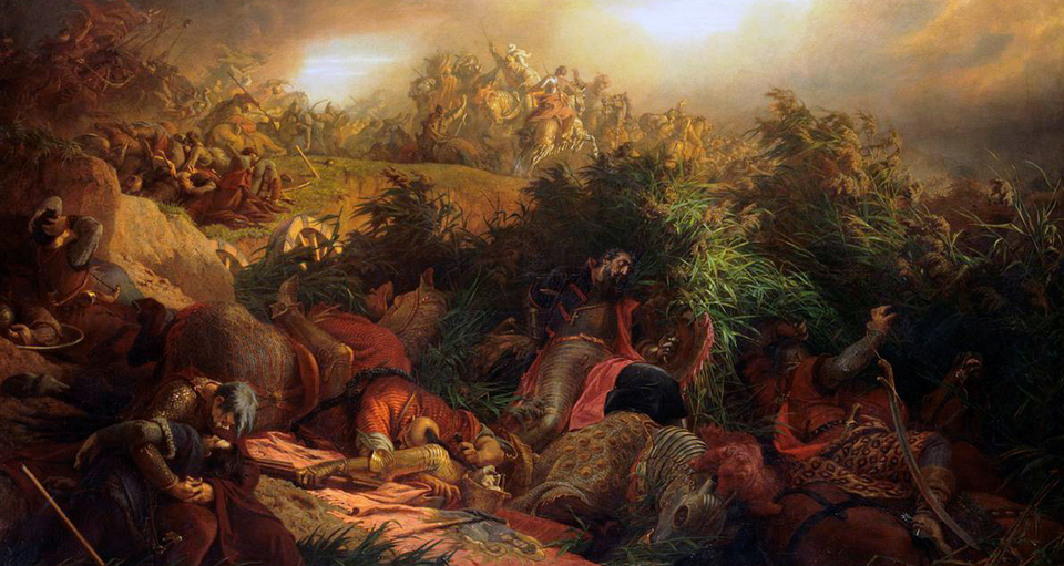 Ilustracja przedstawia scenę bitwy. Na pierwszym planie na ziemi leżą wśród ciał koni, polegli żołnierze. Część ubrana jest po europejsku, w rycerskie zbroje, płaszcze, niektórzy maja jednak na sobie szerokie spodnie, koszule z szerokimi rękawami, na głowy ogolone na łyso z zostawionym jedynie pasmem włosów na czubku głowy. W tle walczący żołnierze, w kłębowisku zwierząt i ludzi. 