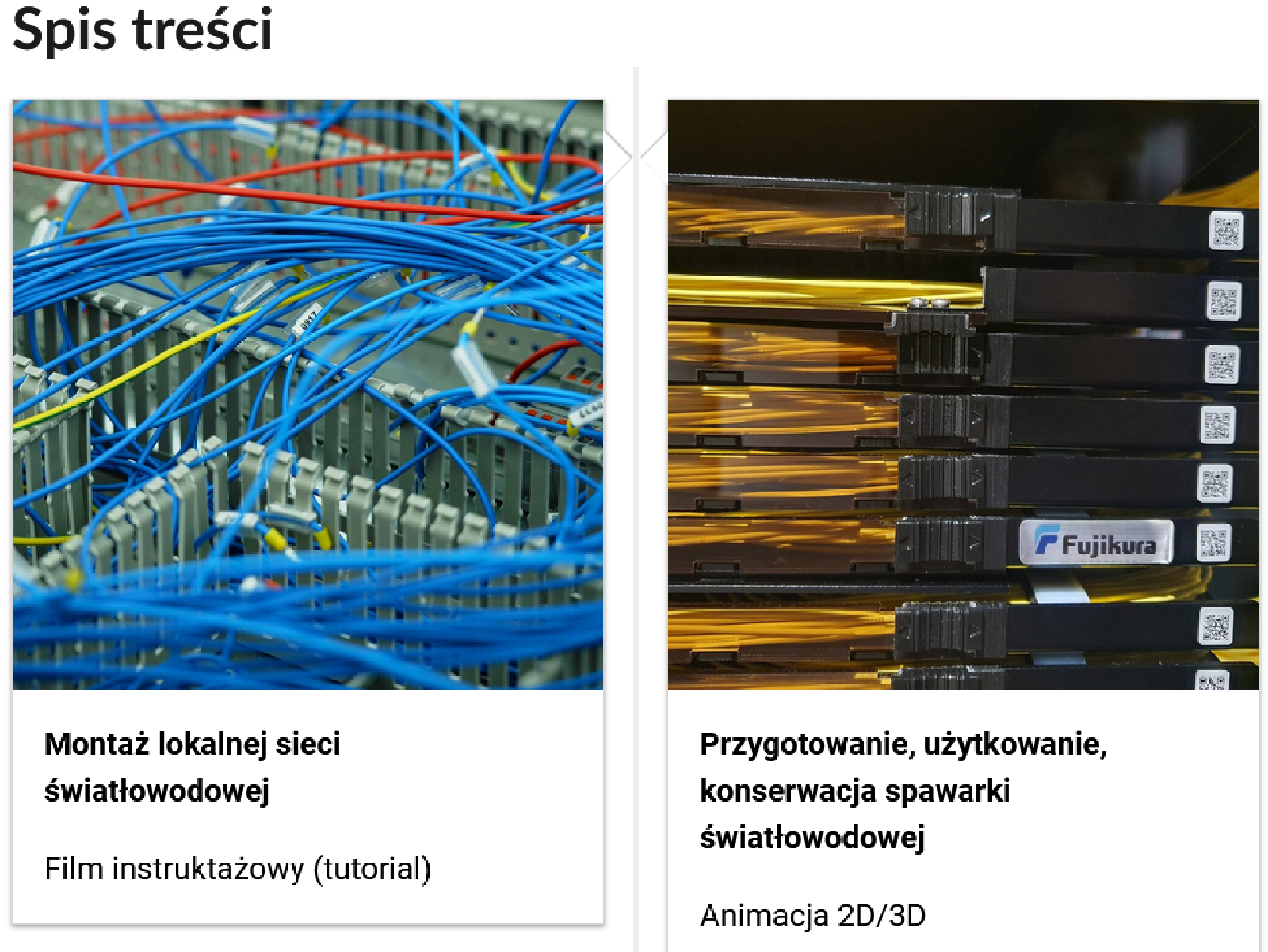 Grafika przedstawia dwa kafelki ze spisu treści. Są umiejscowione obok siebie. Mają prostokątny kształt. Pierwszy od lewej: Zdjęcie okładkowe, poniżej napis: Montaż lokalnej sieci światłowodowej. Niżej napis: Film instruktażowy (tutorial). Drugi: zdjęcie okładkowe, poniżej tytuł. Przygotowania, użytkowanie, konserwacja spawarki światłowodowej. Niżej: Animacja.