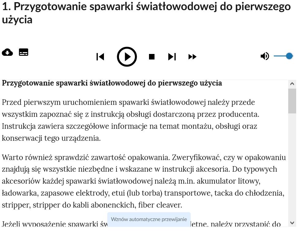 Przykładowy wygląd okna audiobooka. W górnej części okna znajdują się przyciski funkcyjne opisane poniżej. Aby nawigować pomiędzy przyciskami, należy użyć tabulatora.