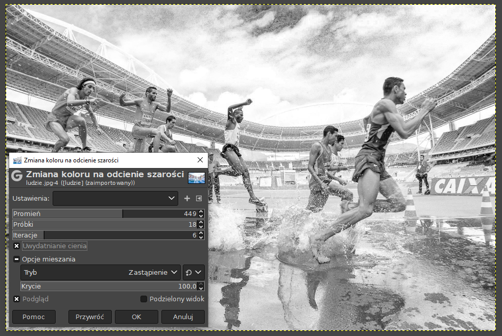 Ilustracja przedstawia okno programu. W obszarze roboczym jest zdjęcie biegnących zawodników na stadionie. Zdjęcie jest utrzymane w odcieniach szarości. Na tle zdjęcia jest okno o nazwie: Zmiana koloru na odcienie szarości. W oknie są odpowiednie parametry. 