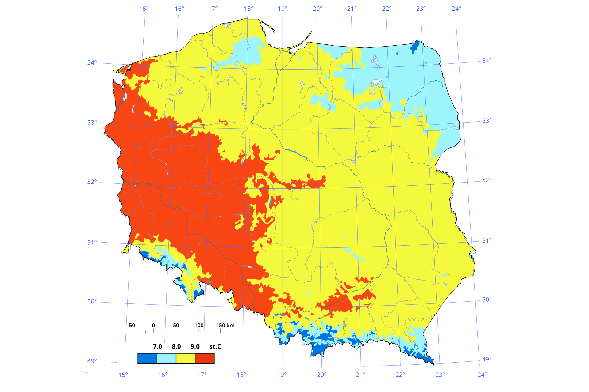 Mapa Polski przedstawiająca średnią temperaturę powietrza w latach 2011‑2020. Wartości oznaczono 4 kolorami. Niebieskim wartości poniżej 7 stopni, jasnoniebieskim od 7 do 8 stopni, żółtym od 8 do 9 stopni i czerwonym powyżej 9 stopni Celsjusza. Na mapie obszary powyżej 9 stopni występują na zachodzie kraju, sięgają one aż do Bielsko Białej i ich granica przechodzi obok Częstochowy, Kalisza, Poznania, Piły i Szczecina. Żółte obszary o wartości od 8 do 9 stopni pokrywają prawie cały kraj. Obszary poniżej 8 stopni obejmują obszar gór, północno zachodnią Polskę oraz obszar za pasem pobrzeży. Na mapie jest siatka kartograficzna na której oznaczono wartości południków i równoleżników co jeden stopień. W lewym dolnym rogu znajduje się skala liniowa oraz skala barw.