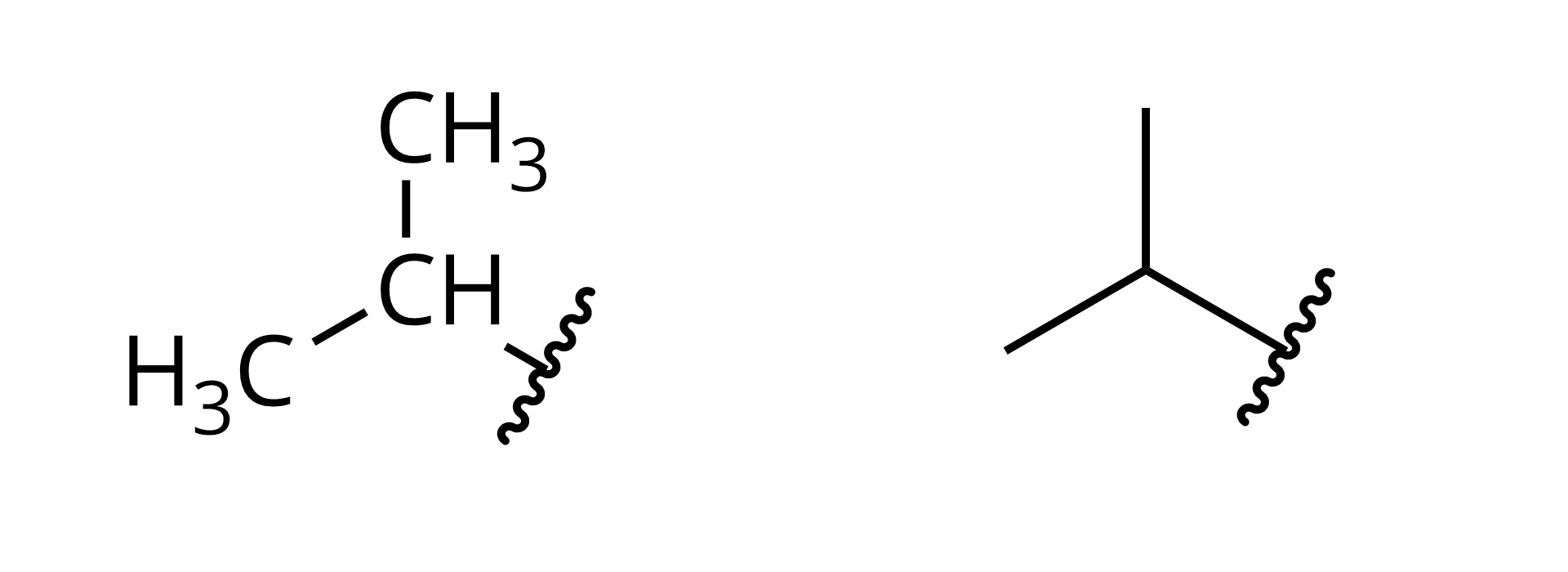 Ilustracja przedstawiająca dwa wzory półstrukturalny i kreskowy podstawnika propan-2-ylowego o strukturze grupa C H związana z dwiema grupami metylowymi CH3, od wspomnianej grupy C H odchodzi wolne wiązanie, które przecina pod kątem prostym krótka falista linia stanowiąca o tym, że znajduje się tam jakiś fragment związku.