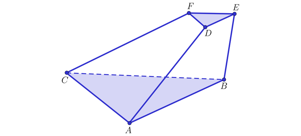 Ilustracja przedstawia graniastosłup pochyły zbudowany z dwóch różnych trójkątów. A B C oraz D EF. 