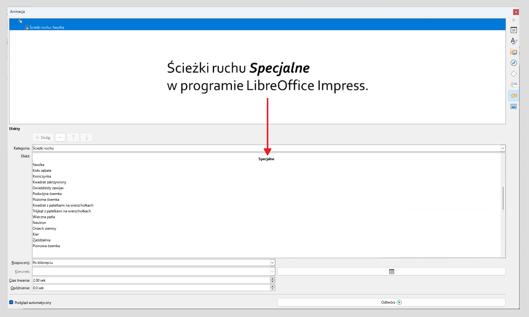 Zrzut ekranu ze specjalnymi efektami ścieżek ruchu w programie LibreOffice Impress. Obok treść: "Ścieżki ruchu Specjalne w programie LibreOffice Impress".