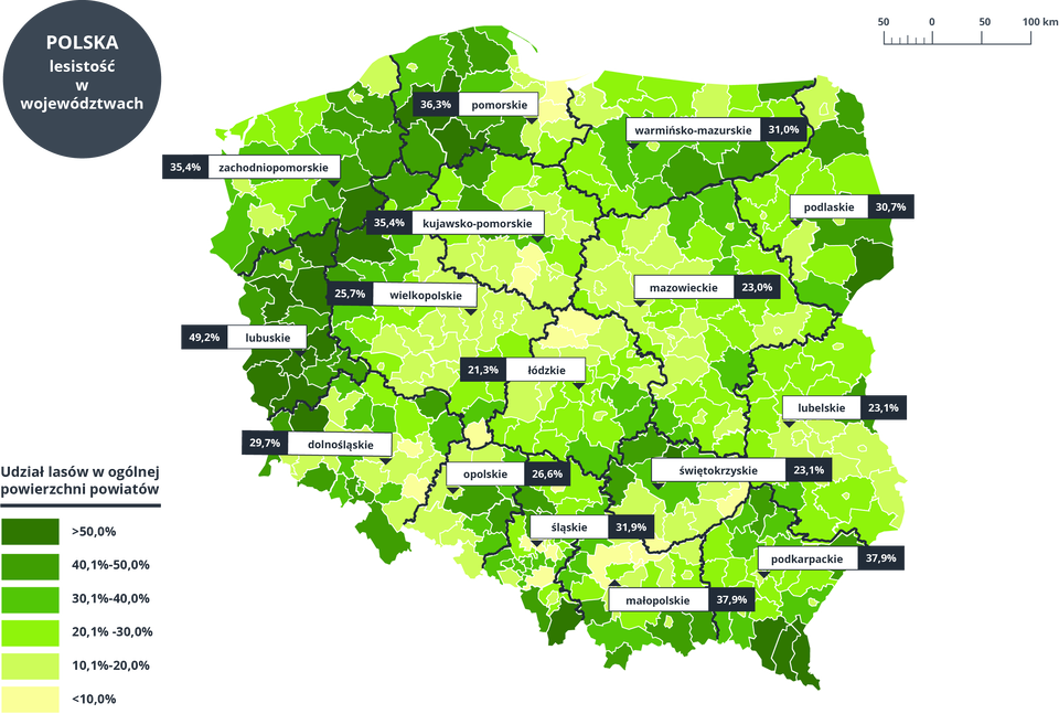 Ilustracja przedstawia kartogram lesistości Polski. Jest to mapa z podziałem na województwa i powiaty obrazująca udział lasów w ogólnej ich powierzchni. Poszczególne województwa są oddzielone od siebie niebieskimi, a powiaty białymi cienkimi liniami. Wnętrze terytorium wypełniają odcienie zieleni. Czym jaśniejsza jest zieleń, tym według legendy w danym powiecie jest mniejszy udział procentowy lasów. Najjaśniejszy kolor symbolizujący najmniej lasów na powierzchni danego powiatu to kolor kremowy. Z kolei najciemniejszy kolor, czyli ciemnozielony oznacza największą procentową lesistość w danym powiecie. Według mapy najwięcej lasów znajduje się w województwie lubuskim: 49,2%, a najmniej w województwie łódzkim: 21.3%. Pozostałe województwa: podkarpackie i małopolskie po 37,9%, pomorskie 36,3%, zachodniopomorskie i kujawsko‑pomorskie po 35,4%, śląskie 31,9%, podlaskie 30,7%, dolnośląskie 29,7%, opolskie 26,6%, lubelskie i świętokrzyskie po 23,1%.    