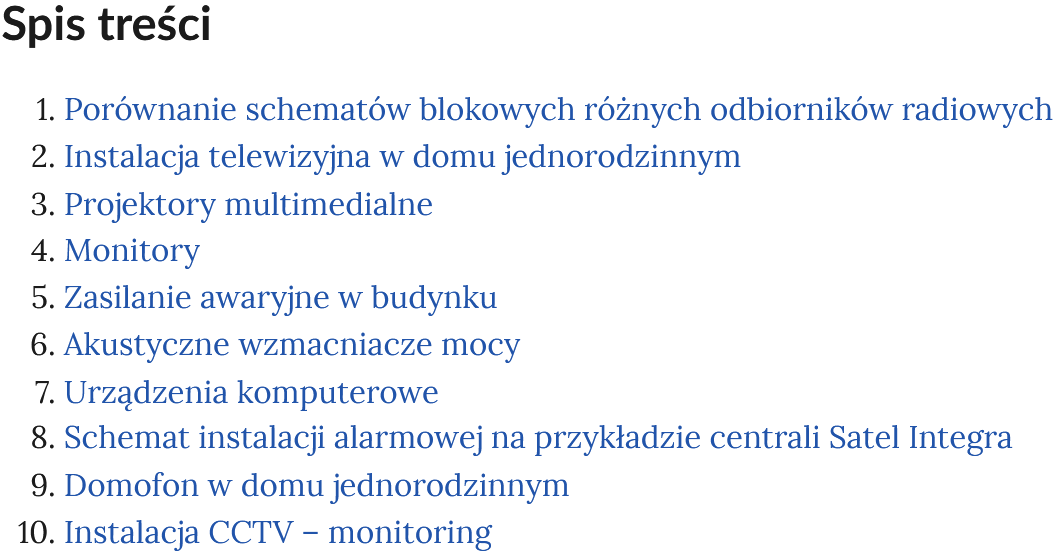 Ilustracja przedstawia spis treści multimedium. Spis ma formę, ułożonych jeden pod drugim, punktów nawigujących do treści powiązanych z tytułem, którym są opatrzone.