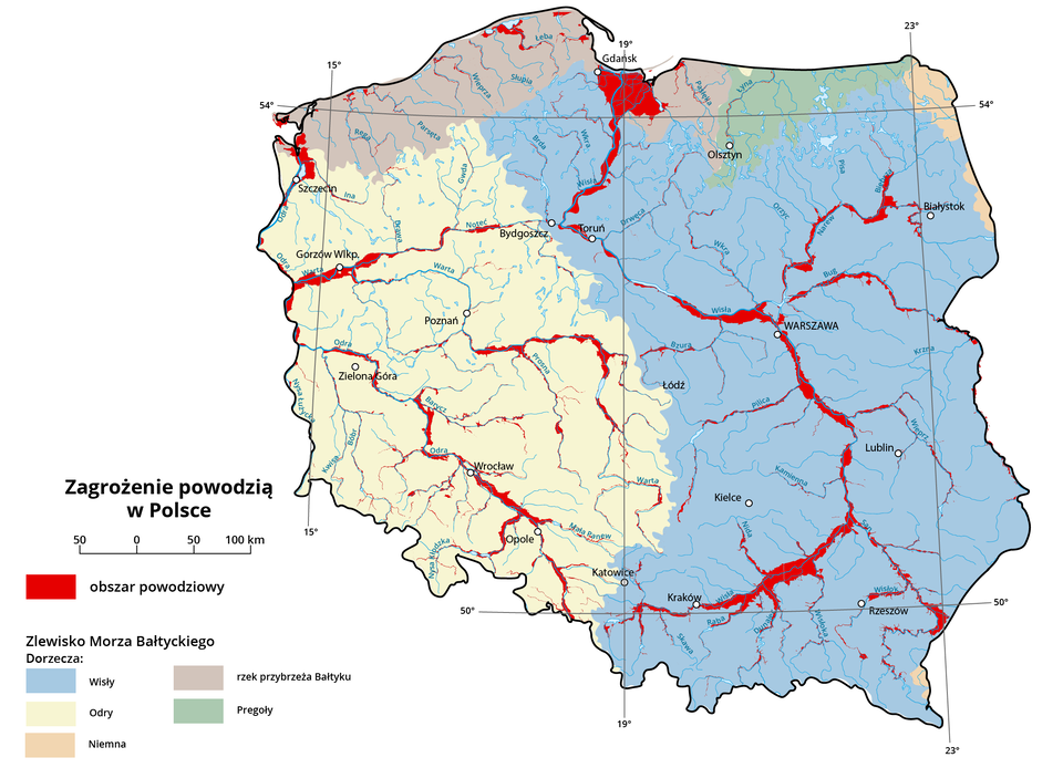 Na mapie Polski zaznaczono na czerwono obszary powodziowe. Największe zagrożenie powodziowe występuje w Polsce południowej, północnej i na wybrzeżu. Największy obszar to ujście Wisły, a także regiony wodne Małej Wisły, Górnej Wisły (Wschodniej i Zachodniej) oraz Górnej i Środkowej Odry. Wyróżnia się także obszar Wisły w pobliżu Wrocławia, pomiędzy Wisłoką, Dunajcem i Rabą na południu Polski, w rejonie Warszawy. Następnie jest Warta w rejonie Gorzowa Wielkopolskiego, Narew i Biebrza w pobliżu Białegostoku, Odra u ujścia.  Mapę podzielono na zlewiska Morza Bałtyckiego, dorzecza Wisły, Odry, Niemna, rzek przybrzeża Bałtyku, Pregoły. Dorzecze Wisły zajmuje wschodnią połowę Polski, na zachodzie obejmuje Gdańsk, Toruń, Łódź, Katowice. Dorzecze Odry obejmuje obszar przylegający do dorzecza Wisły, tym samym zachodnią połowę kraju. Dorzecze Niemna obejmuje wschodnią część województwa podlaskiego. Dorzecze Pregoły północne obszary województwa warmińsko‑mazurskiego, Dorzecze rzek przybrzeża Bałtyku północne obszary województw zachodniopomorskiego i pomorskiego.      
