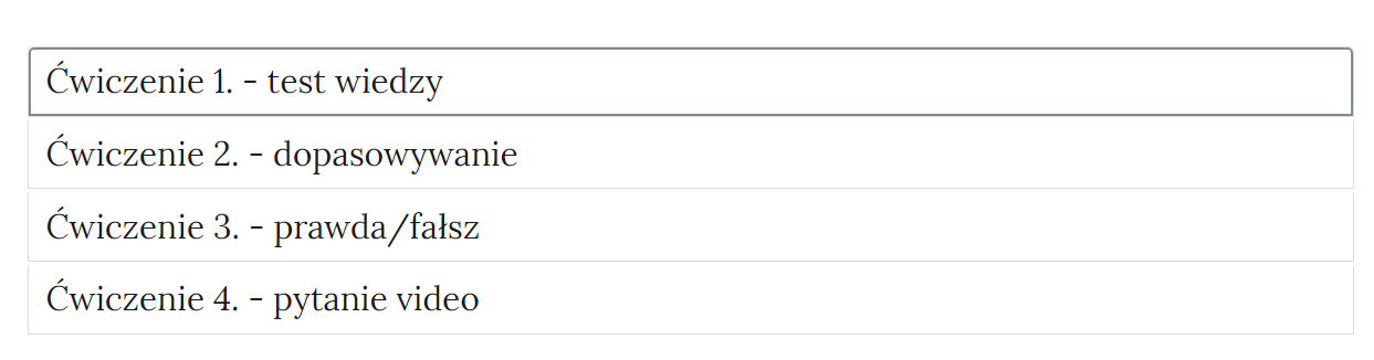 Grafika przedstawia wygląd zakładek z ćwiczeniami. Zakładki są poziomymi paskami. Każda posiada numer ćwiczenia i tytuł, który wskazuje, czego dotyczą zamieszczone w zakładce ćwiczenia. Przykład tekstu na pasku zakładki. Ćwiczenie 1 test wiedzy