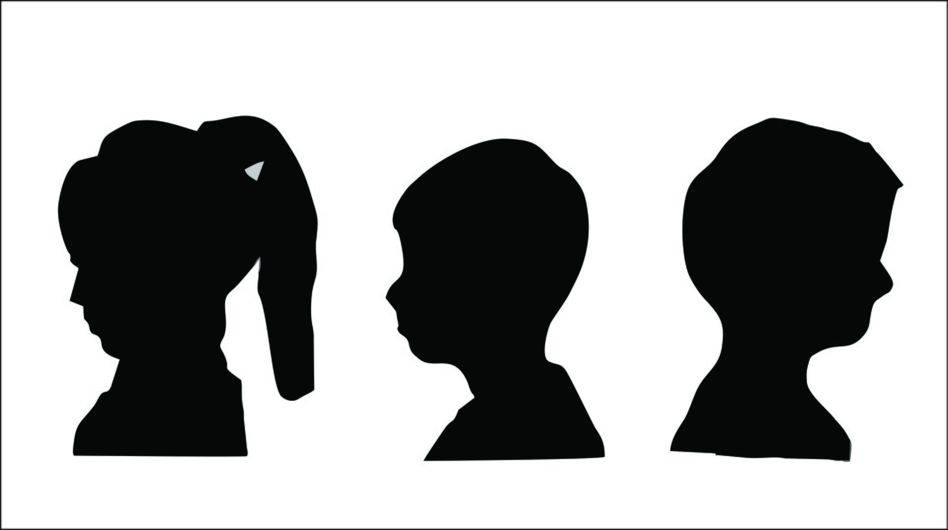 Ilustracja przedstawia trzy przykłady portretów sylwetkowych. Pierwszy należy do dziewczynki, na co wskazują długie, spięte w kucyk włosy. Dwa pozostałe to portrety chłopców o krótkich włosach.