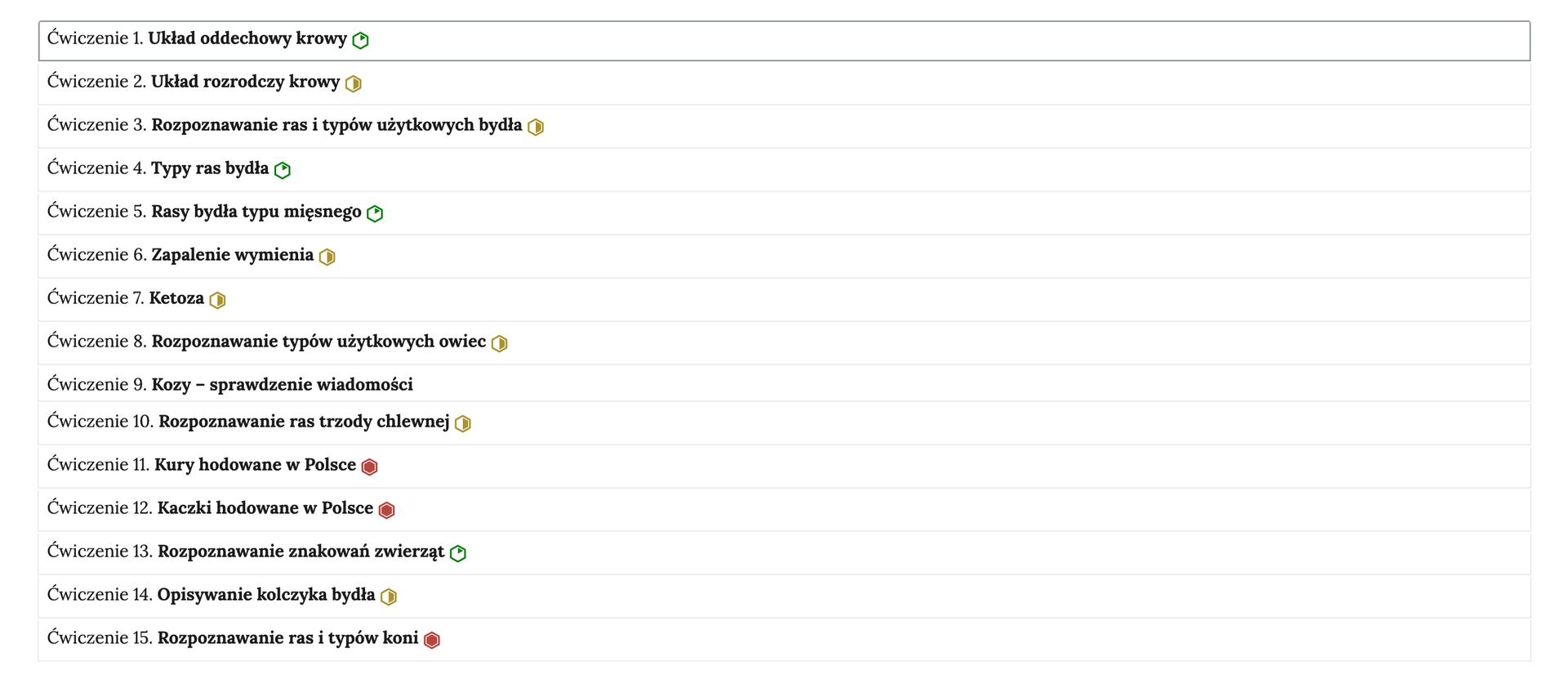 Grafika przedstawia przykładowy widok ogólny harmonii z piętnastoma interaktywnymi materiałami sprawdzającymi. Jest to kolumna z piętnastoma wierszami. Wewnątrz każdego z nich został umieszczony numer ćwiczenia wraz z nazwą działu, którego dotyczy. Z boku dodatkowo znajduje się ikonka w kształcie sześciokąta oznaczająca poziom trudności. Zielona oznacza łatwy, żółta średni, a czerwona trudny. Po kliknięciu danego wiersza ukazuje się wybrane ćwiczenie.