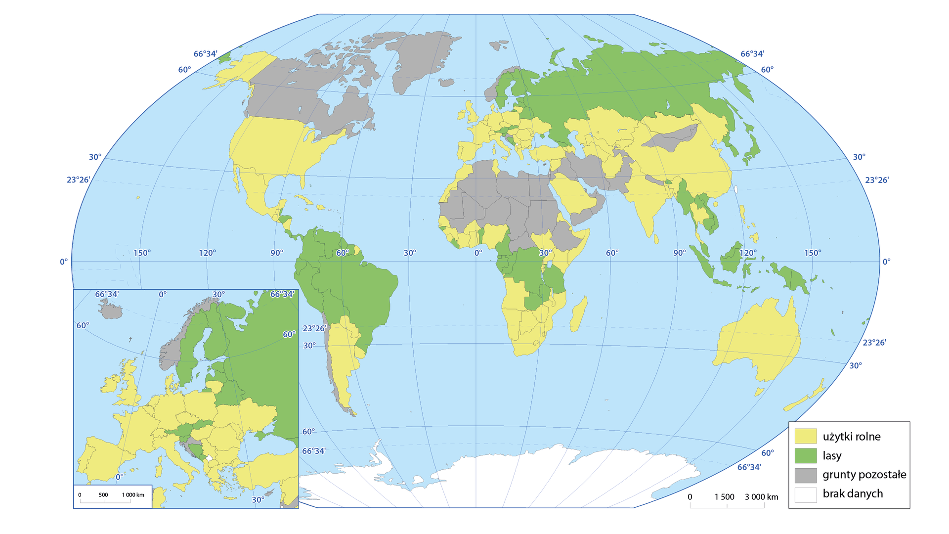 Mapa świata przedstawia dominujące formy użytkowania ziemi w powierzchni lądowej w 2017 r. (bez wyodrębniania poszczególnych form użytków rolnych). Kontynenty są oznaczone różnymi kolorami, które symbolizują sposób zagospodarowania terenu. Użytki rolne oznaczone są kolorem żółtym, zielonym kolorem lasy, szarym kolorem grunty pozostałe, a odnośnie gruntów zaznaczonych kolorem białym nie ma konkretnych danych. Użytki rolne zajmują teren południowej części Ameryki Północnej, południowej części Ameryki Południowej, częściowo wschodniej i zachodniej Afryki oraz jej południowej części, większości Europy oraz południowej części Azji i całej Australii. Lasy znajdują się w przeważającej ilości w północnej części Ameryki Południowej, w środkowej Afryce, północnej części Azji oraz w Oceanii. Grunty pozostałe zajmują północną część Ameryki Północnej, środkową i północną Afrykę oraz południową część Azji. Pozycja brak danych dotyczy Antarktydy.