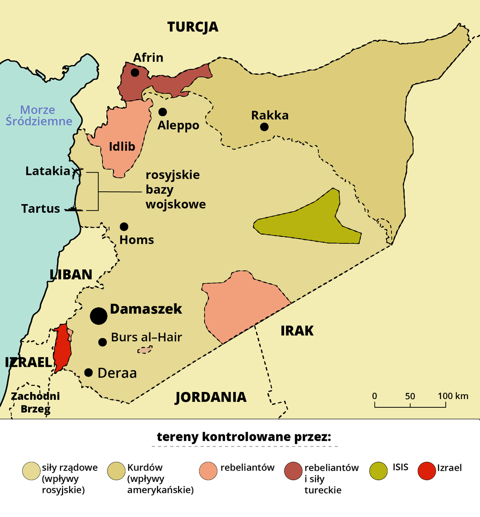 Mapa przedstawia strefy wpływów w Syrii. Na mapie widoczne jest Morze Śródziemne i kraje: Turcja, Liban, Izrael, Jordania, Syria i Irak. Oznaczono tereny kontrolowane przez siły rządowe, wpływy rosyjskie, są to praktycznie wszystkie tereny Syrii. Dalej oznaczono tereny kontrolowane przez Kurdów, wpływy amerykańskie, to tereny północno‑wschodnie Syrii z miastem Rakka. Tereny kontrolowane przez rebeliantów w północno‑zachodniej części Syrii, wokół miasta Idlib oraz niewielki obszar na wschodzie, przy granicy z Irakiem. Tereny rebeliantów i siły tureckie na północny Syrii, wokół miasta Afrin. Tereny kontrolowane przez ISIS w środkowo‑wschodniej części Syrii. Tereny kontrolowane przez Izrael to południowo‑zachodnie tereny Syrii.  