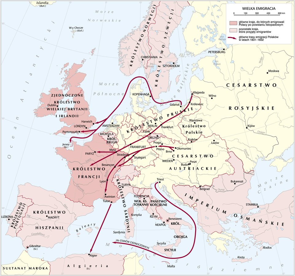 Mapa  Europy przedstawia kierunki Wielkiej Emigracji. Do głównych krajów, do których emigrowali Polacy po powstaniu listopadowym, należały: Królestwo Francji, Zjednoczone Królestwo Wielkiej Brytanii i Irlandii, Korsyka. Pozostałe kraje, które przyjęły emigrantów, to: Królestwo Norwegii i Królestwo Szwecji, Królestwo Belgii, Królestwo Portugalii i Królestwo Hiszpanii, Królestwo Sardynii, Algieria, Wielkie Księstwo Toskanii, Państwo Kościelne, Królestwo Obojga Sycylii oraz Imperium Osmańskie. Na mapie zaznaczono główne trasy emigracji Polaków w latach 1831‑1832, rozpoczynają się one w Cesarstwie Rosyjskim z miasta Kłajpeda (współczesna Litwa) na południowy‑zachód, przez Frankfurt, obok Berlina, do Francji (Paryż). Z Gdańska (Królestwo Pruskie) przez Morze Bałtyckie do Morza Północnego, do południowego wybrzeża współczesnych Wysp Brytyjskich (miasta Harwich, Londyn, Portmouth) i północnego wybrzeża Francji. Z Ołomuńca i Brna w Cesarstwie Austriackim przez Pragę, Pilzno, przez Strasburg bądź Stuttgart do miast Francji (Besancon, Lyon, Awinion i Tulon), dla niektórych przez Morze Śródziemne do Algieru w Algierii. Z Triestu w Cesarstwie Austriackim wzdłuż Półwyspu Apenińskiego przez Morze Śródziemne do Stanów Zjednoczonych. Pozostałe kraje, które przyjęły emigrantów to również Drezno i obszary wokół niego. 
