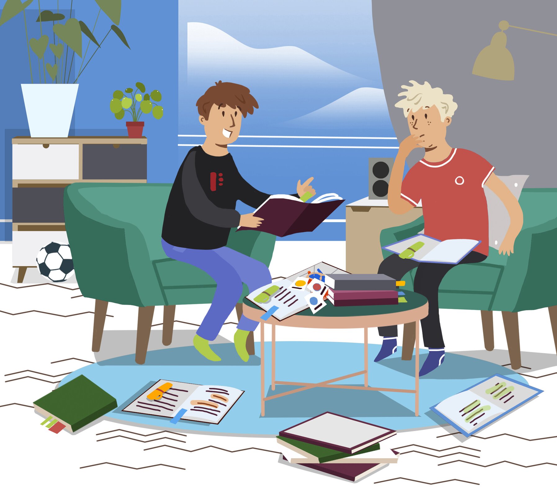 Ilustracja przedstawia dwóch chłopców, którzy siedzą na fotelach w pokoju i się uczą. Obok nich znajduje się wiele otwartych książek i zeszytów. 