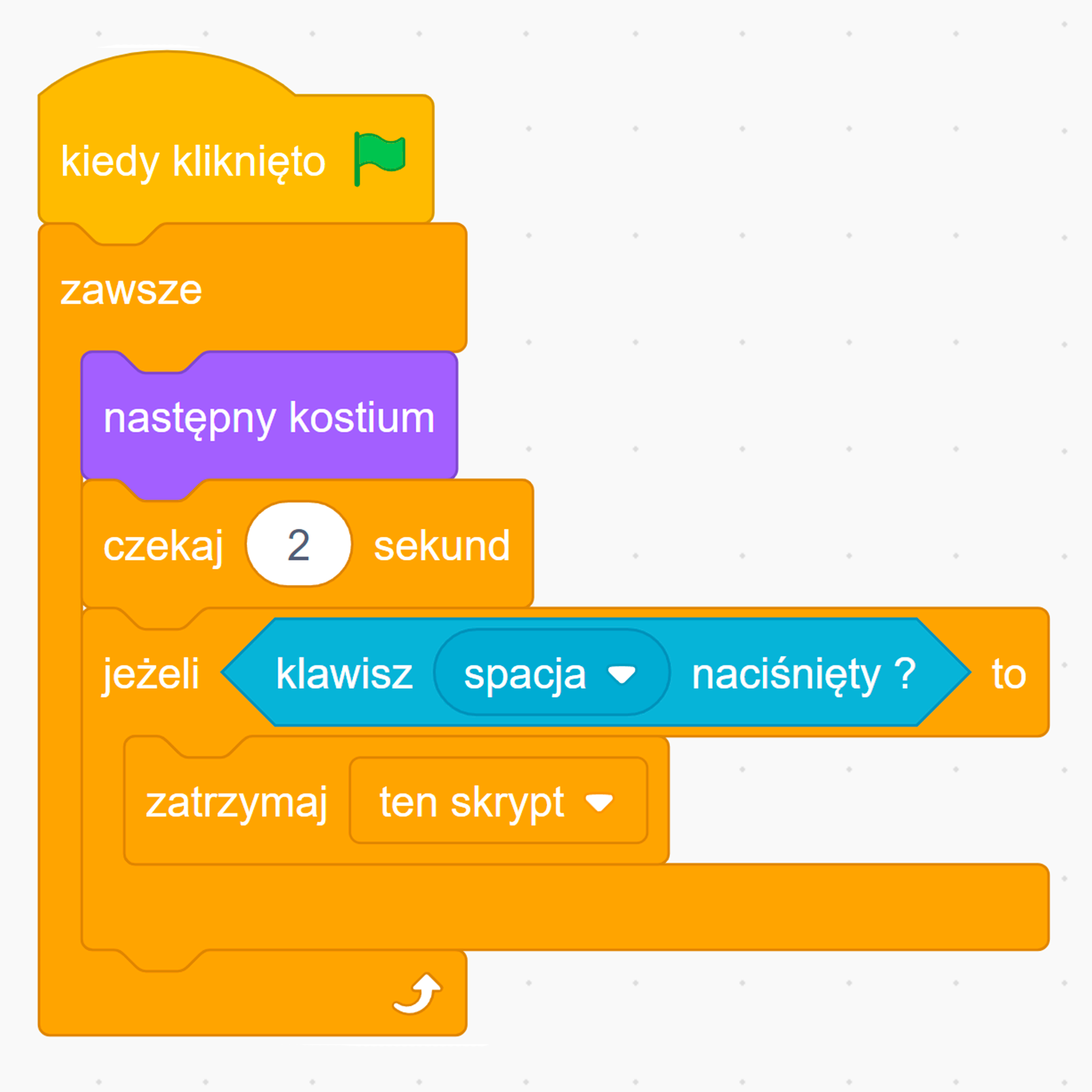 Skrypt języka Scratch rozpoczynający się od instrukcji "kiedy kliknięto w zieloną flagę". Rozbudowany o blok "zawsze" składający się z 3 zagnieżdżonych bloków: "następny kostium", "czekaj 2 sekundy", warunku "jeżeli klawisz spacja naciśnięty to" z blokiem "zatrzymaj ten skrypt" znajdującym się wewnątrz instrukcji.